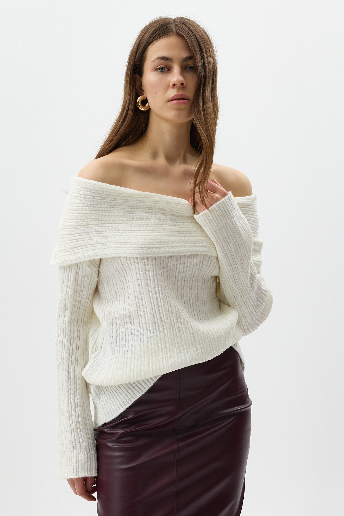 Ekru Fitilli Kayık Yaka Kadın Kazak 2324 - RAYS