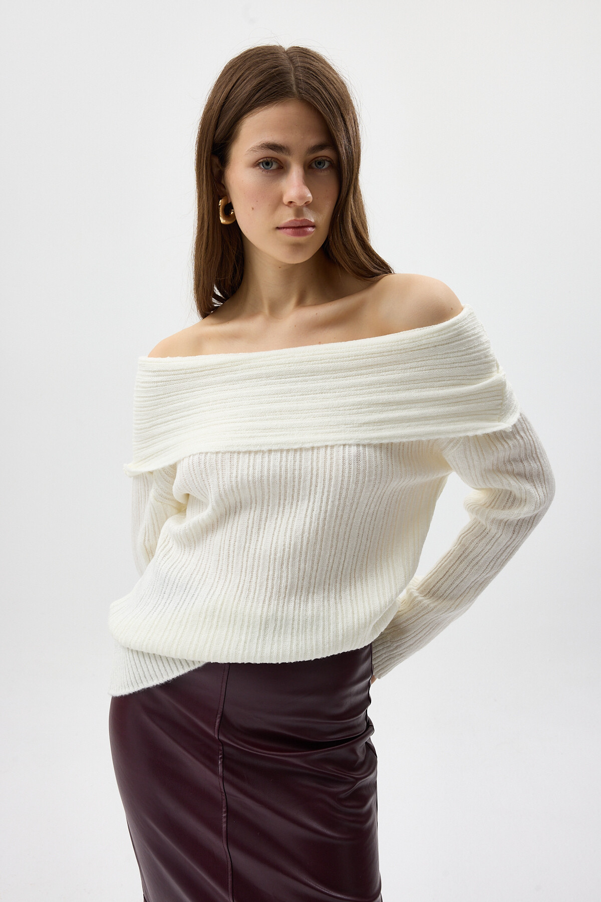 Ekru Fitilli Kayık Yaka Kadın Kazak 2324 - 6