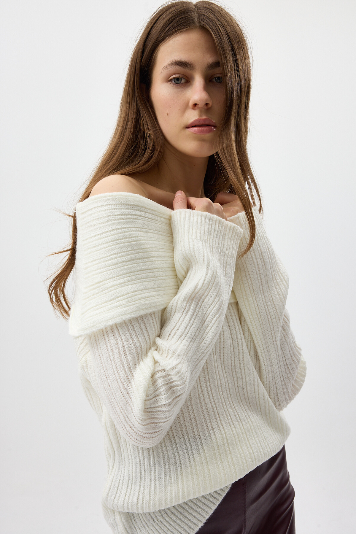 Ekru Fitilli Kayık Yaka Kadın Kazak 2324 - 2