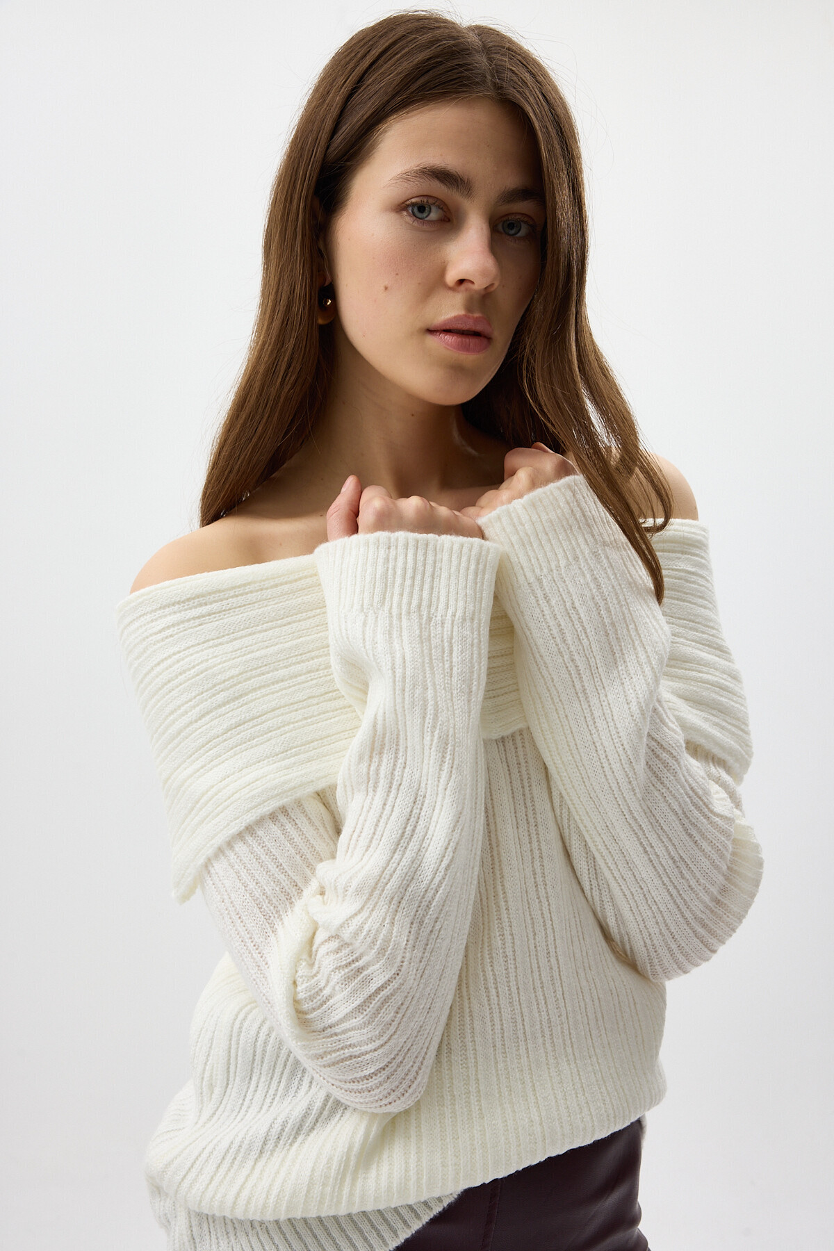 Ekru Fitilli Kayık Yaka Kadın Kazak 2324 - 4