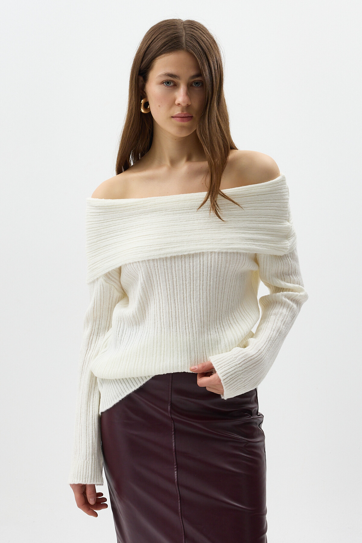 Ekru Fitilli Kayık Yaka Kadın Kazak 2324 - 7