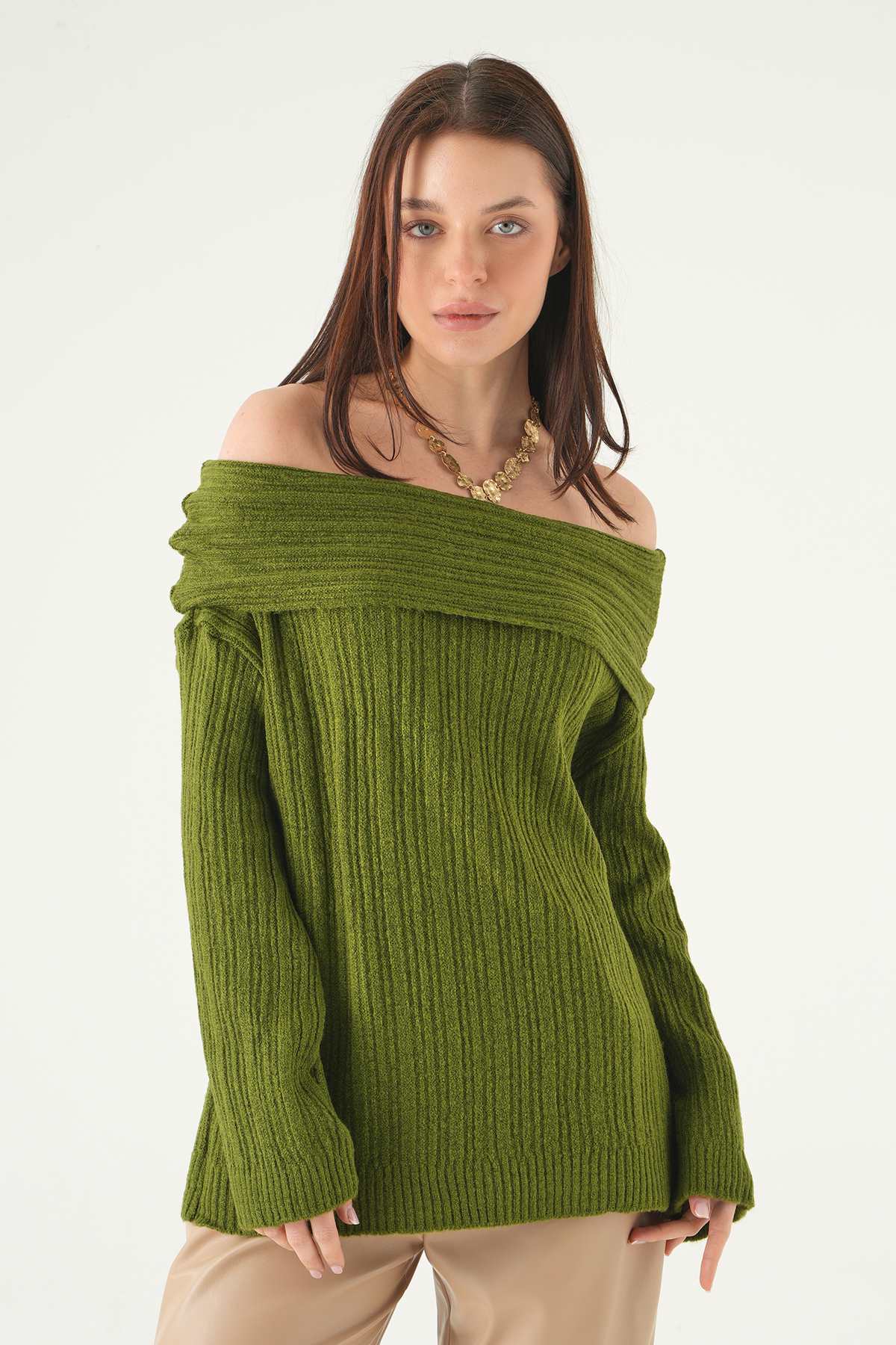 2324 Kayık Yaka Uzun Kol Kazak Haki - 2