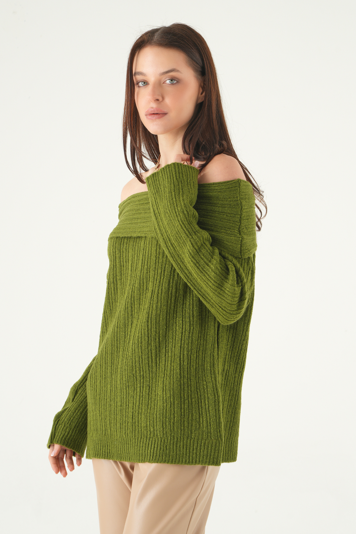 2324 Kayık Yaka Uzun Kol Kazak Haki - 6