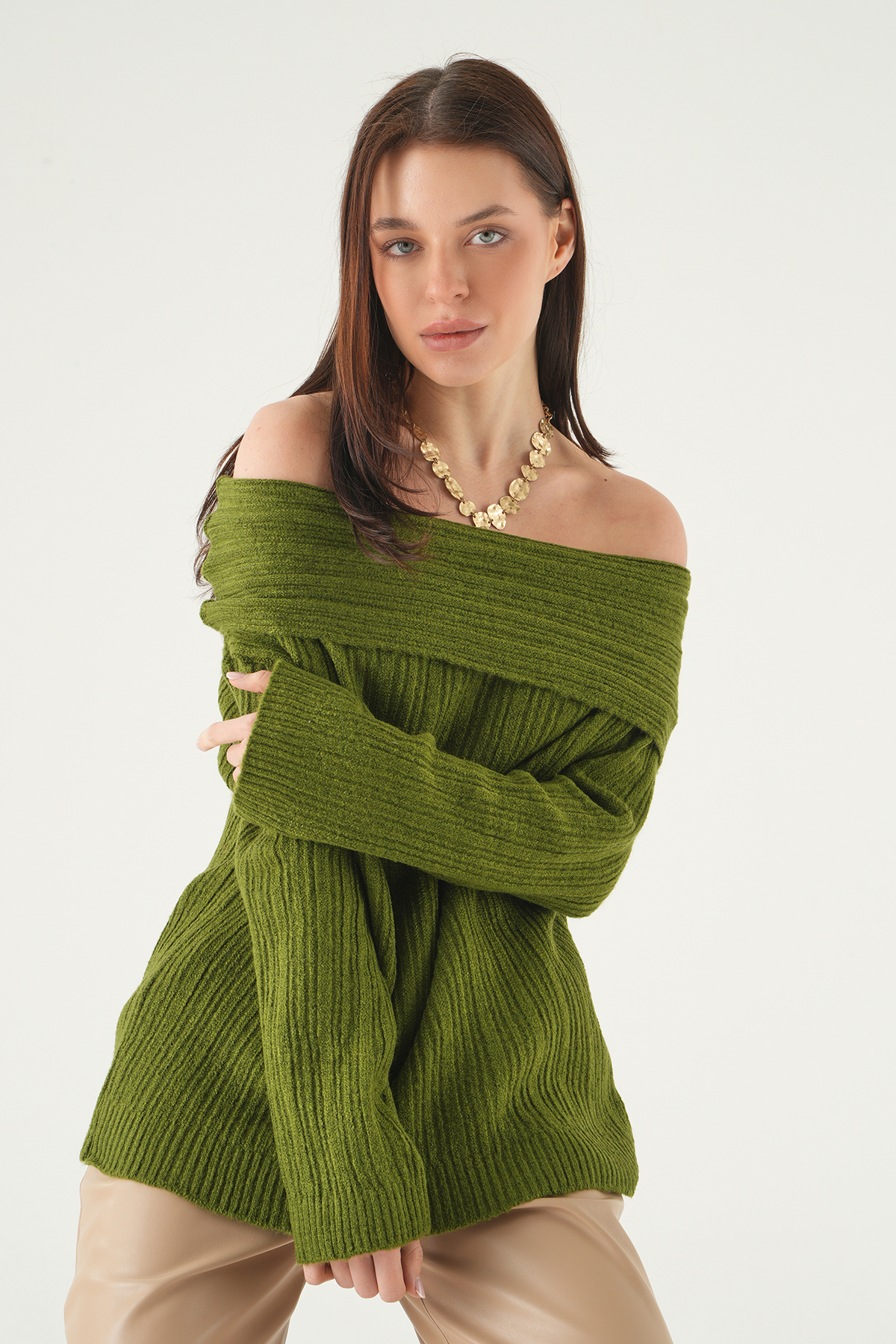 2324 Kayık Yaka Uzun Kol Kazak Haki - 7