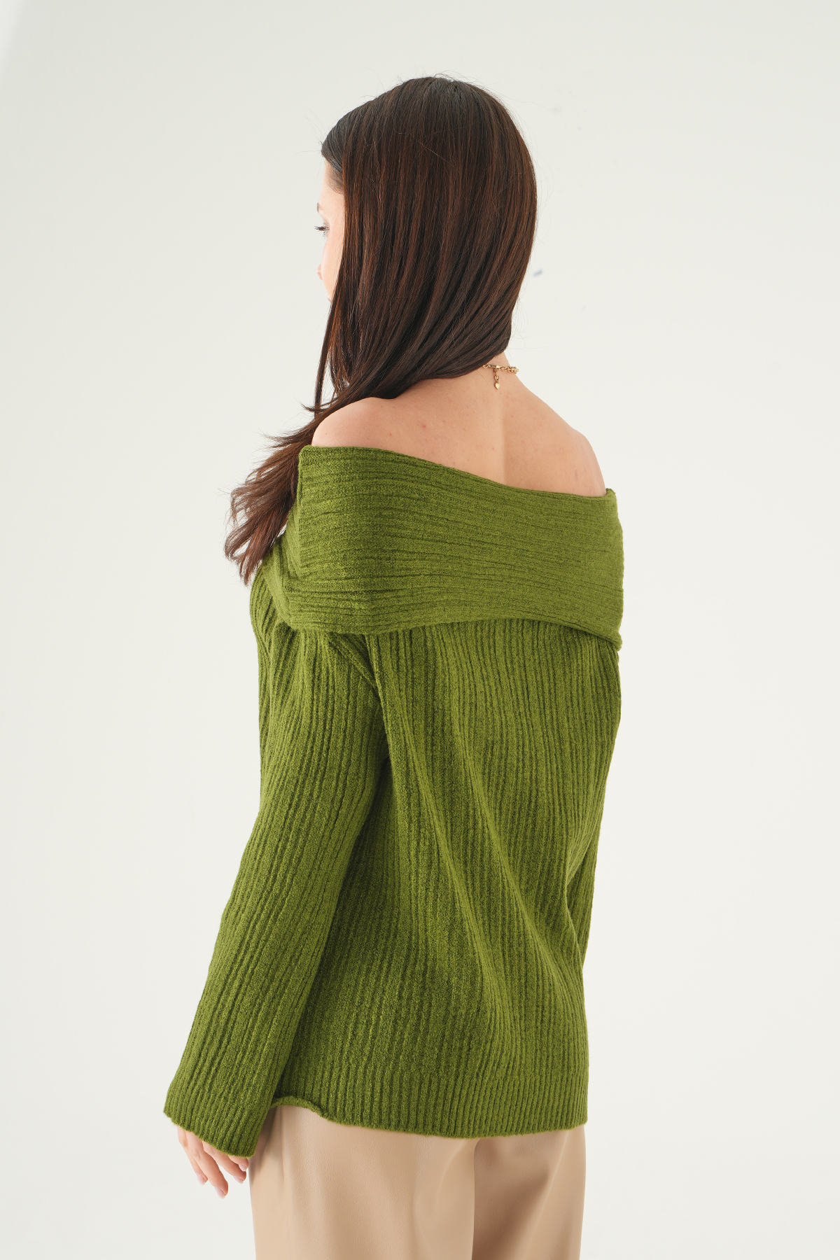 Haki Kayık Yaka Uzun Kol Kazak 2324 - 5