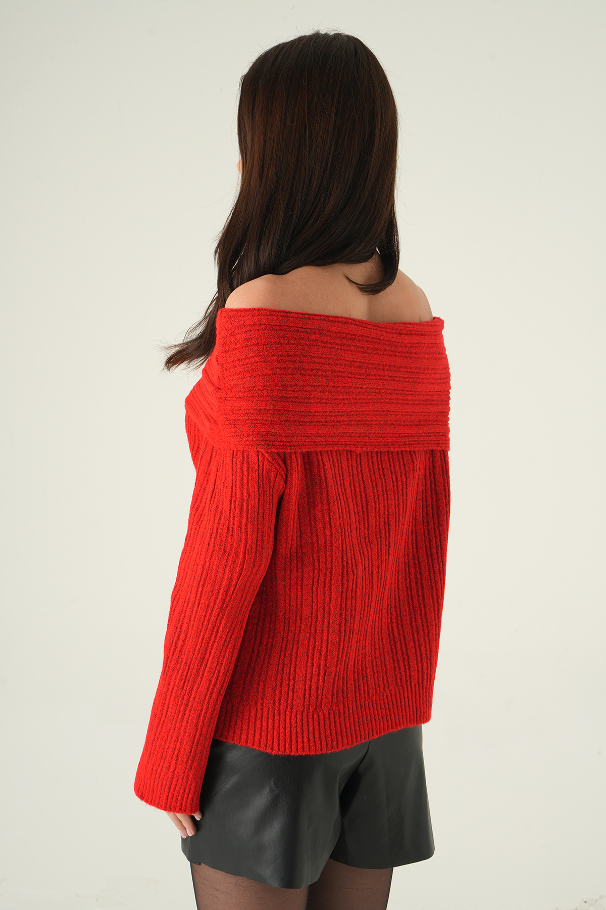 2324 Kayık Yaka Uzun Kol Kazak Kırmızı - 5