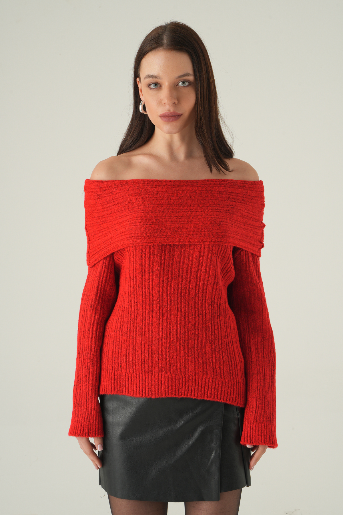 Kırmızı Kayık Yaka Uzun Kol Kazak 2324 - 2