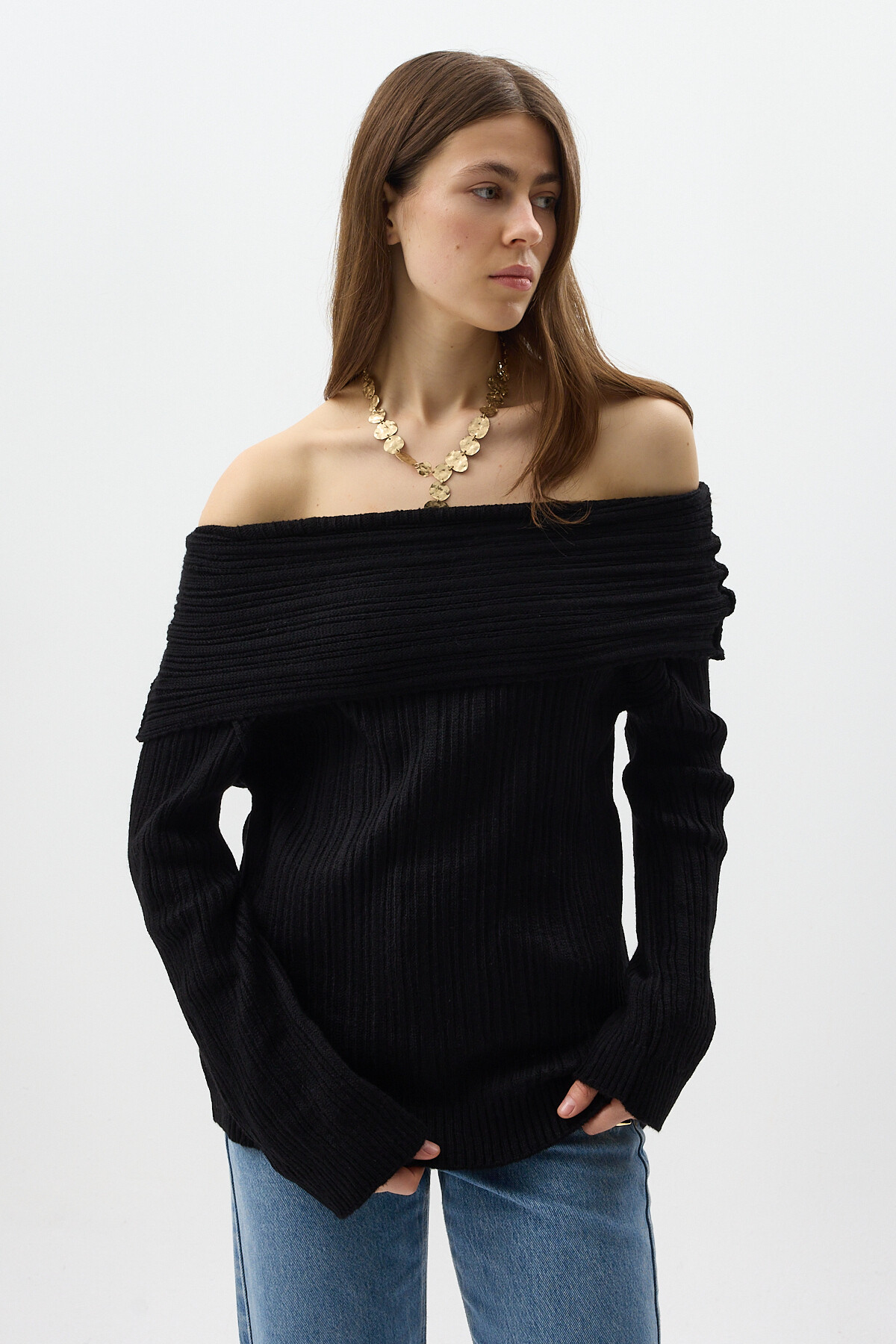 Siyah Fitilli Kayık Yaka Kadın Kazak 2324 - 2