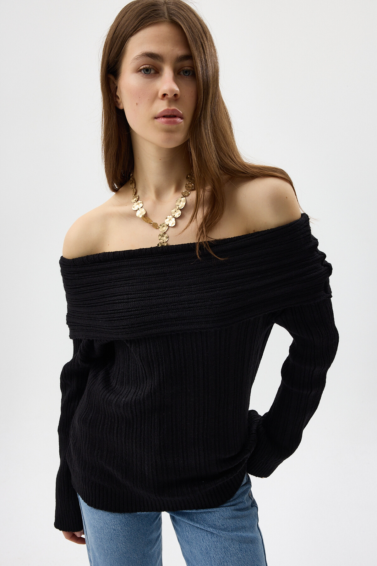 Siyah Fitilli Kayık Yaka Kadın Kazak 2324 - 1