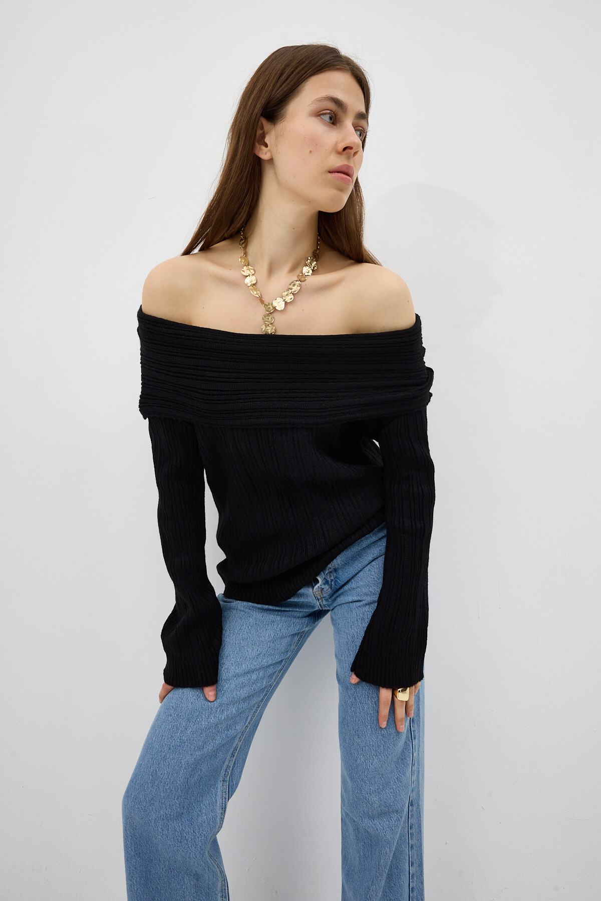 Siyah Fitilli Kayık Yaka Kadın Kazak 2324 - 6