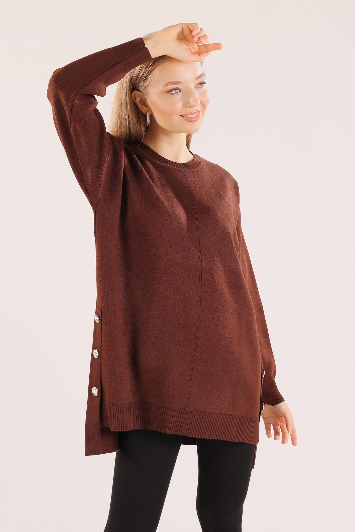 Acı Kahve Etek Düğme Detay Kazak 23247 - 3