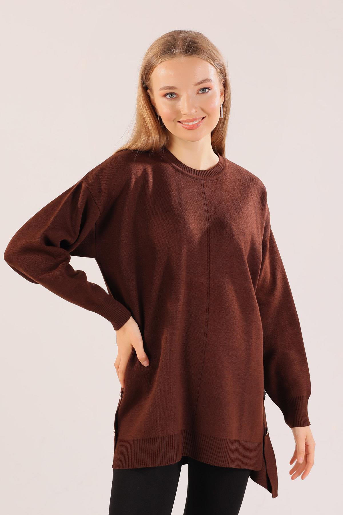 Acı Kahve Etek Düğme Detay Kazak 23247 - 4