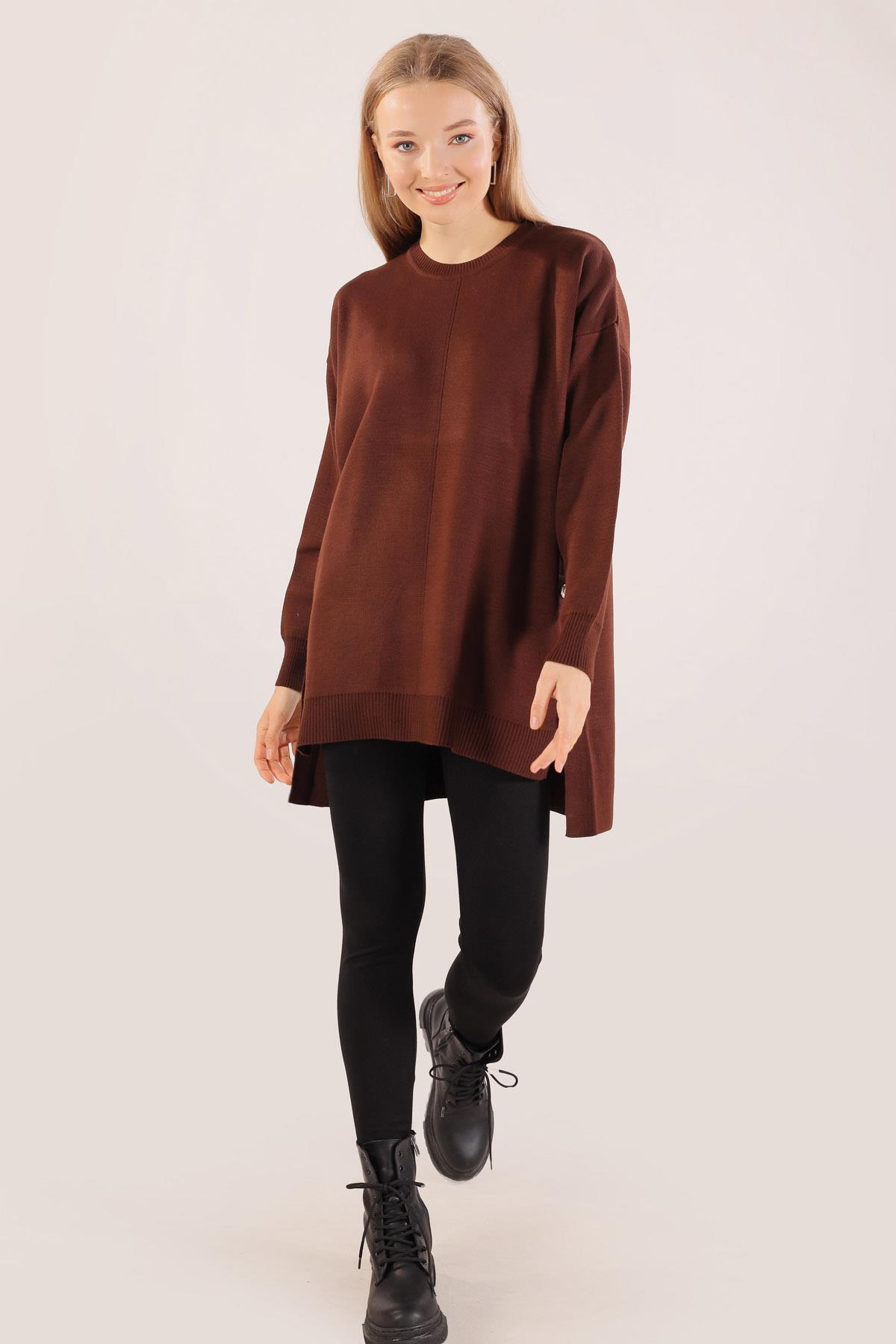 Acı Kahve Etek Düğme Detay Kazak 23247 - 5