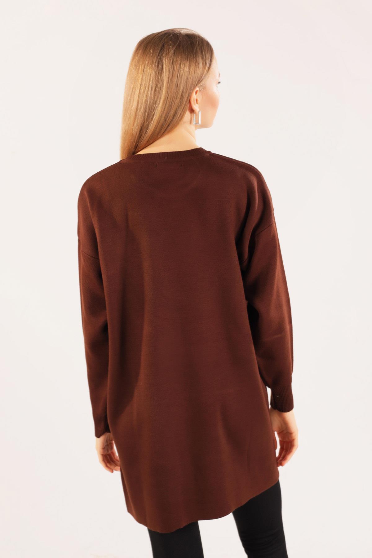 Acı Kahve Etek Düğme Detay Kazak 23247 - 6