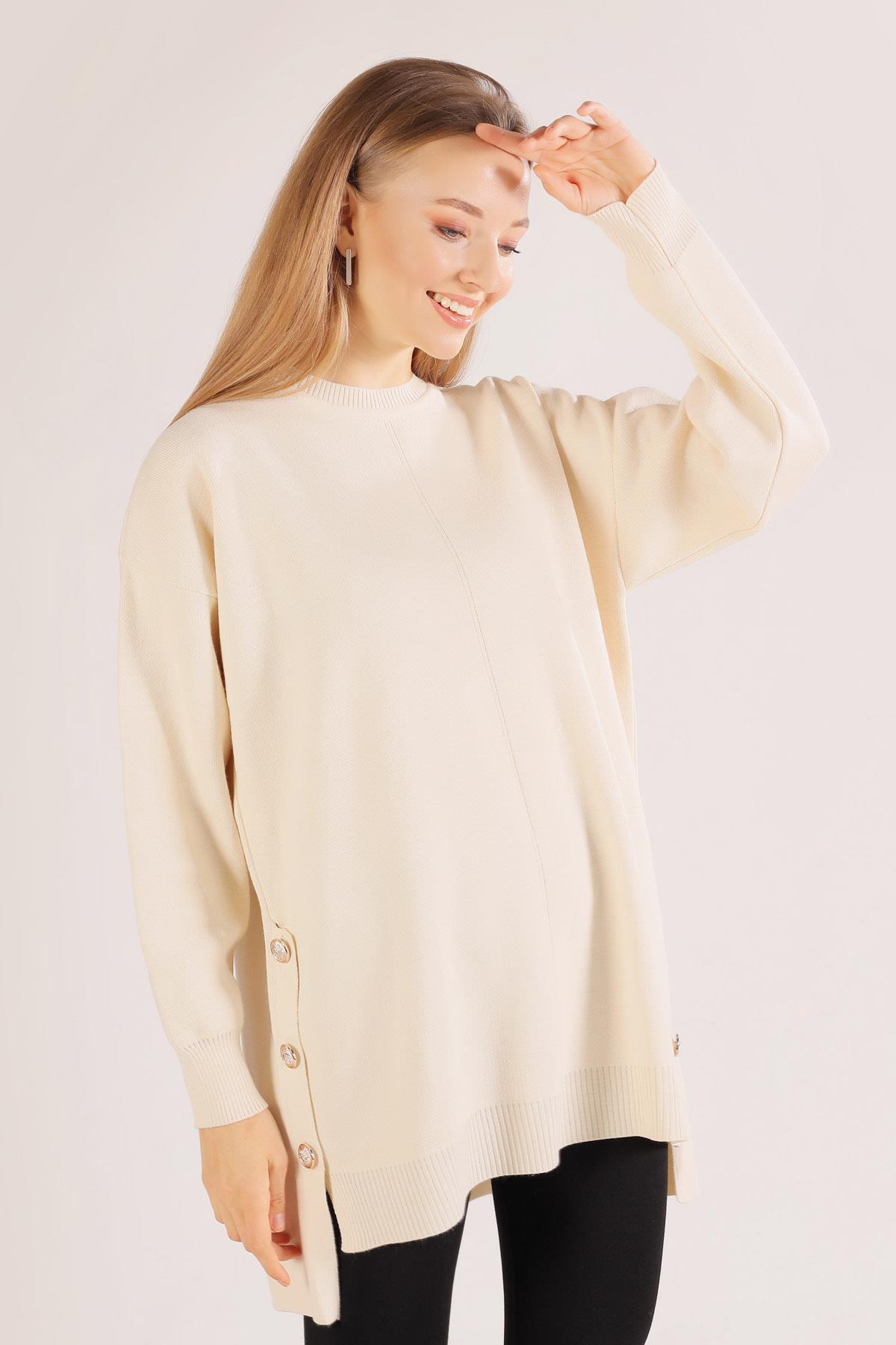 23247 Etek Düğme Detay Kazak Krem - 5