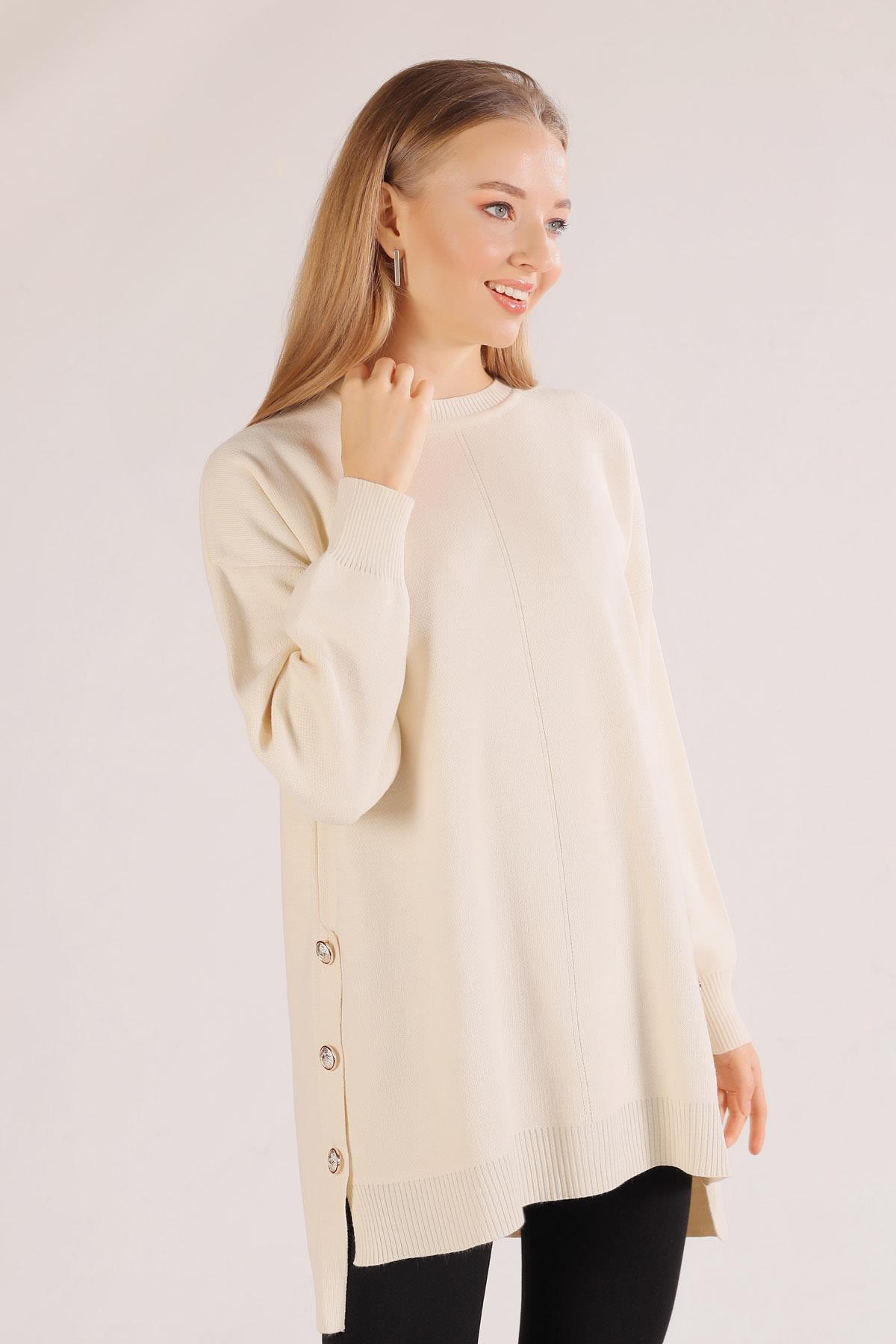 Krem Etek Düğme Detay Kazak 23247 