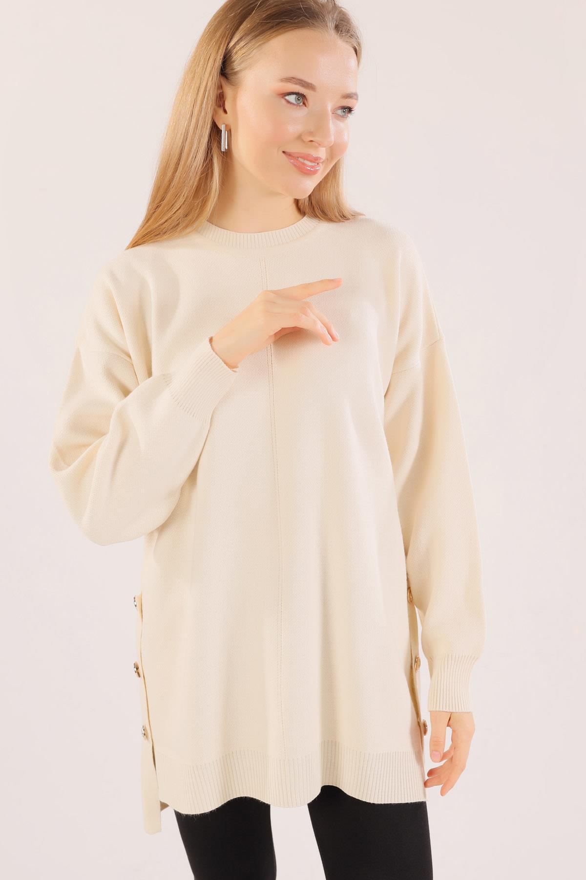 Krem Etek Düğme Detay Kazak 23247 - 6