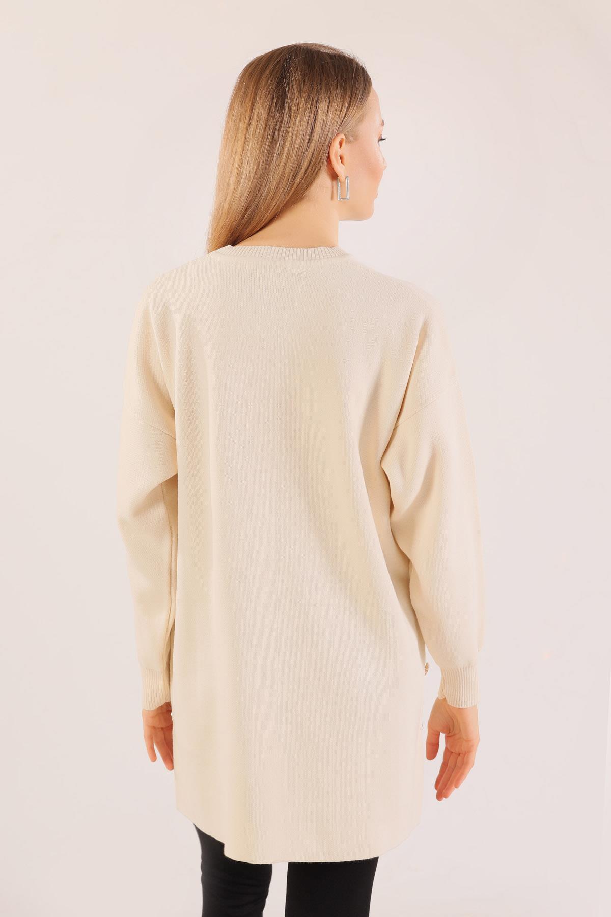 Krem Etek Düğme Detay Kazak 23247 - 7