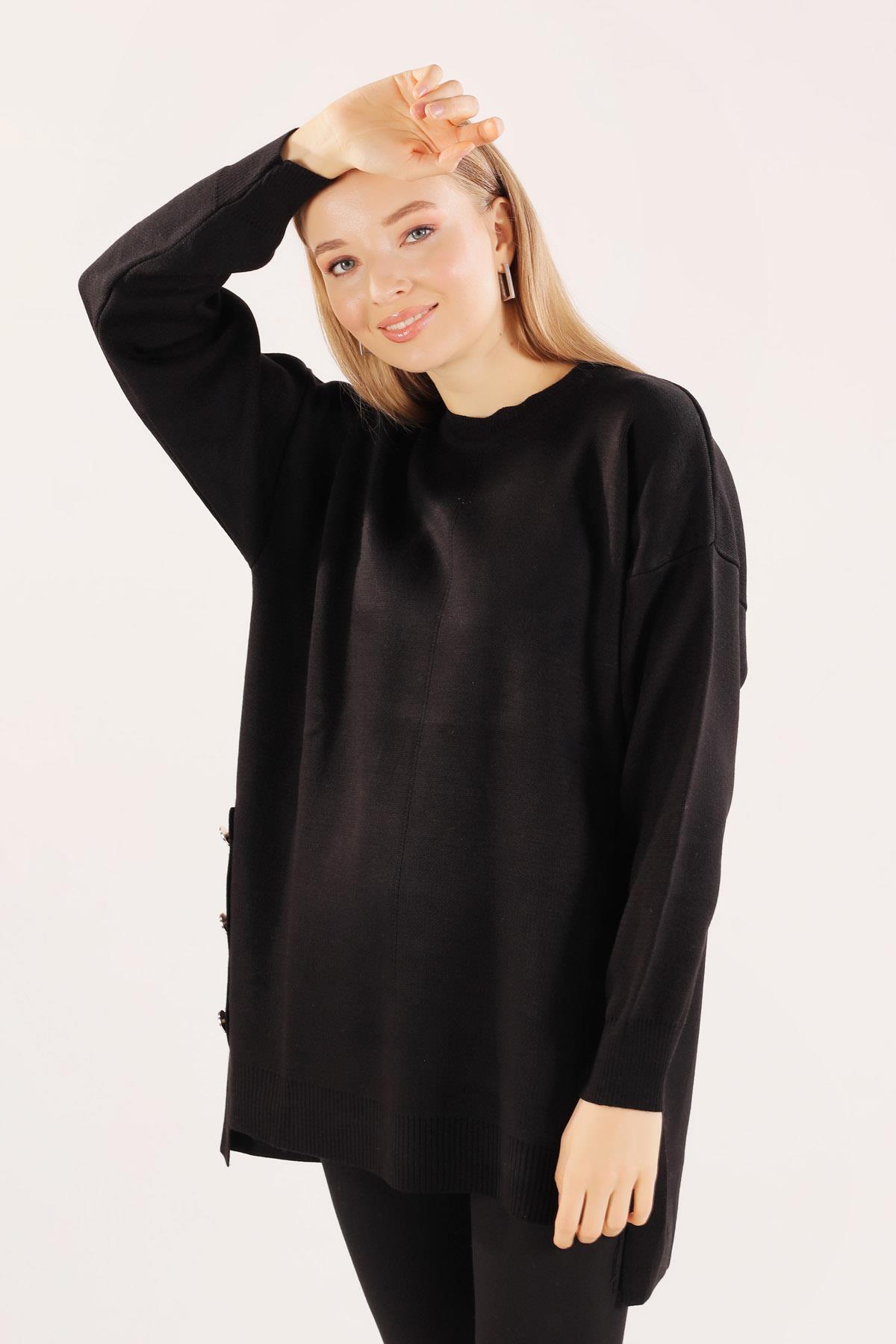 23247 Etek Düğme Detay Kazak Siyah - 2