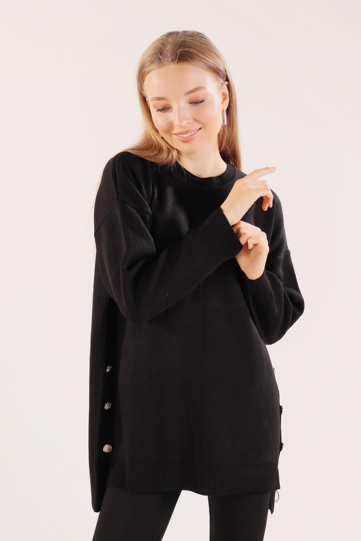 Siyah Etek Düğme Detay Kazak 23247 - 3