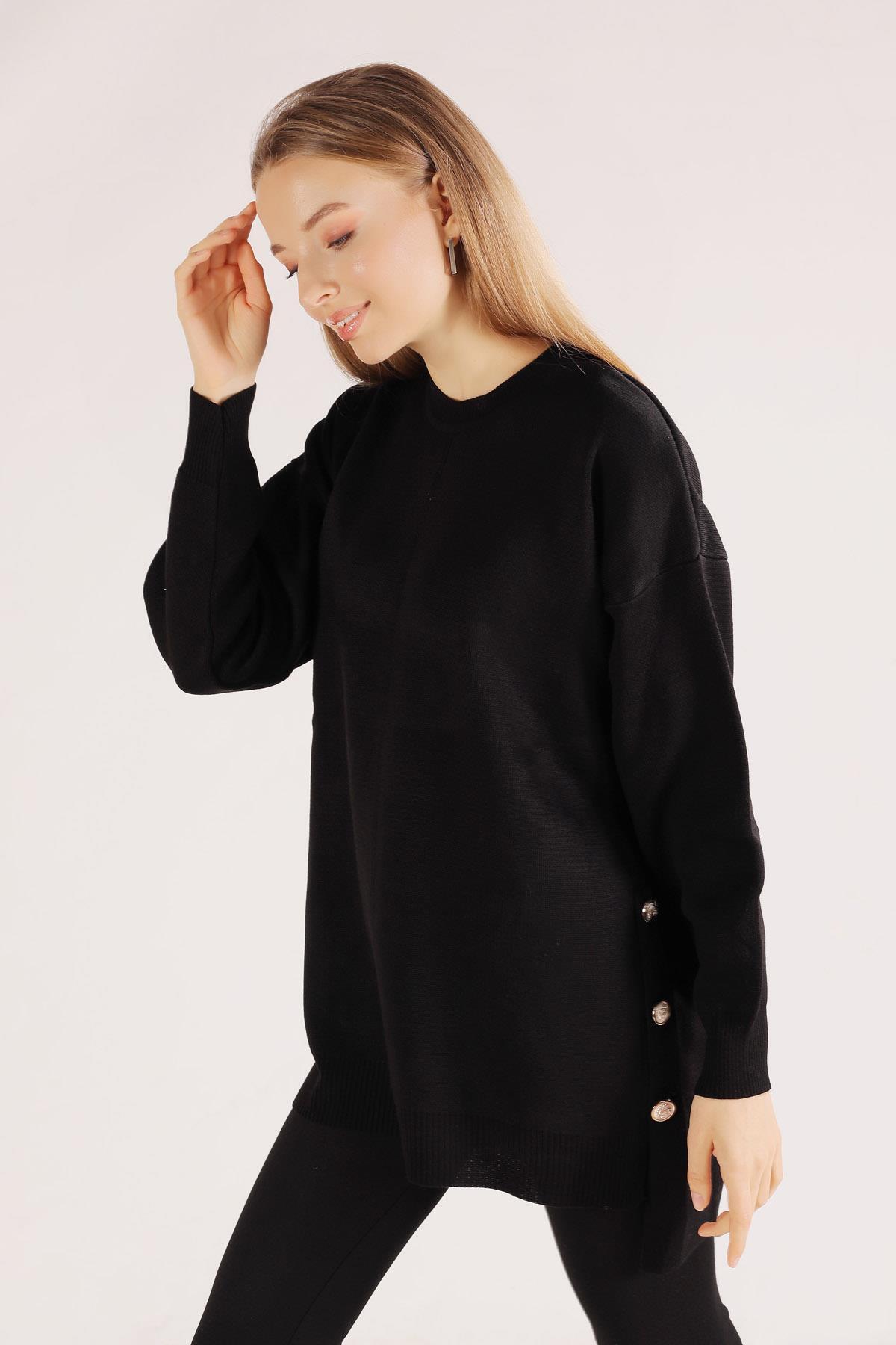 Siyah Etek Düğme Detay Kazak 23247 - 4