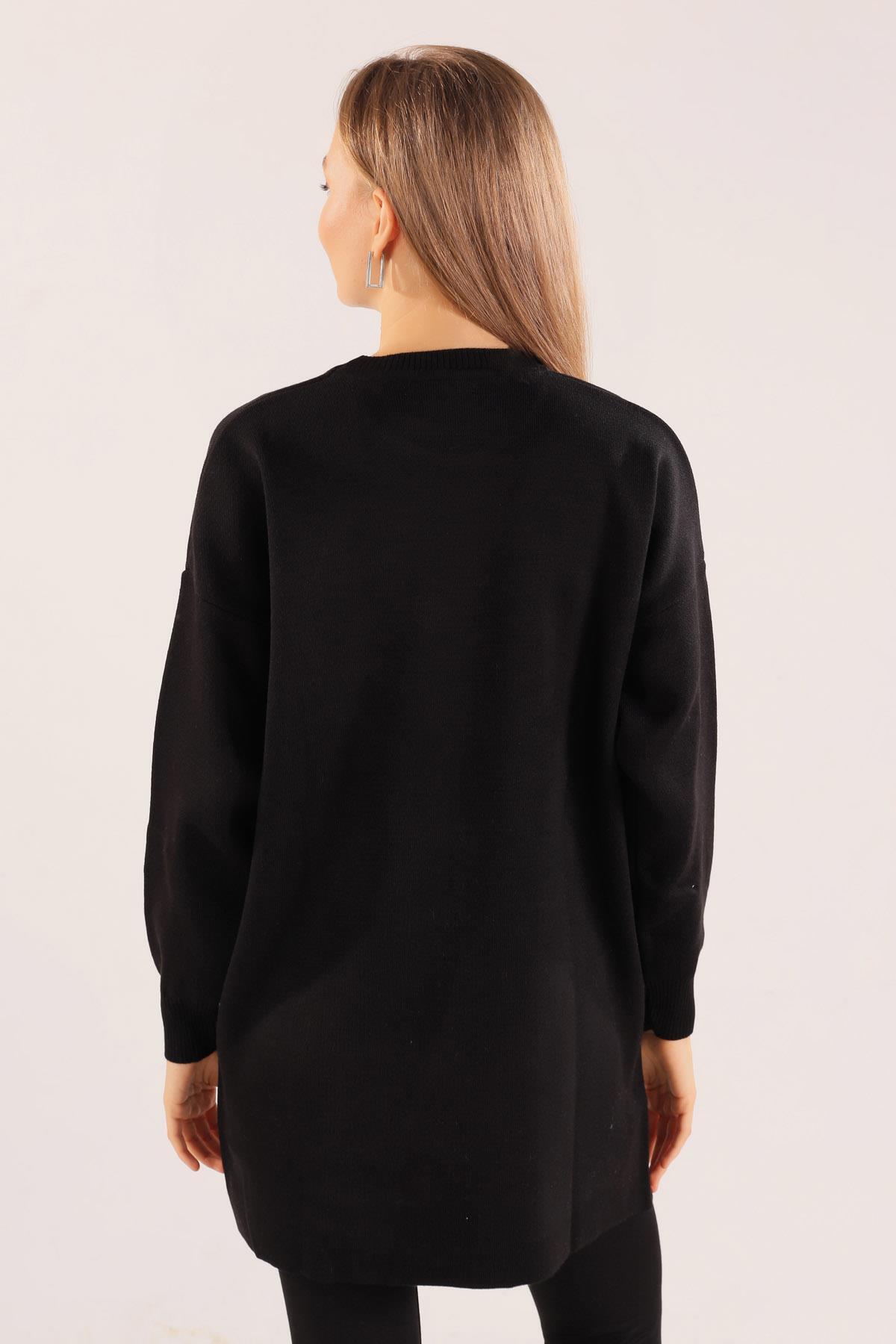 Siyah Etek Düğme Detay Kazak 23247 - 5