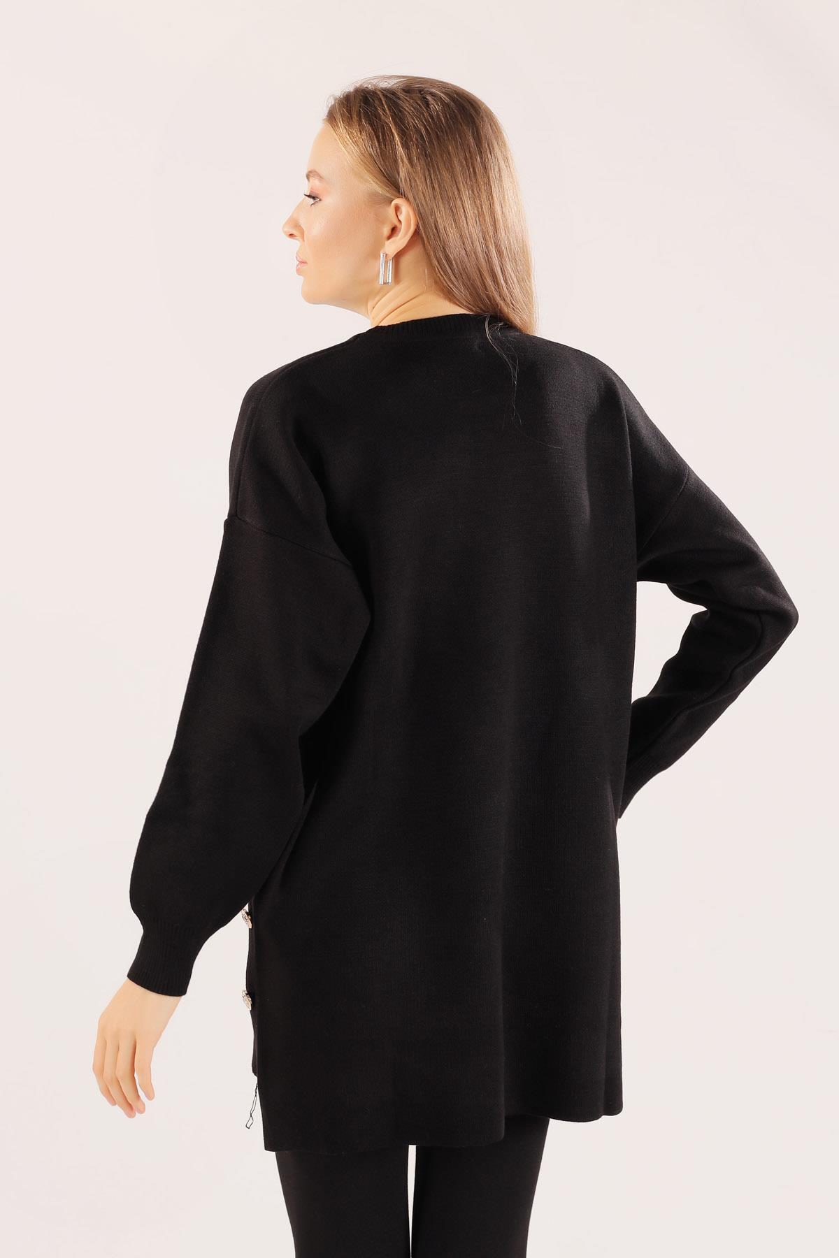 Siyah Etek Düğme Detay Kazak 23247 - 6