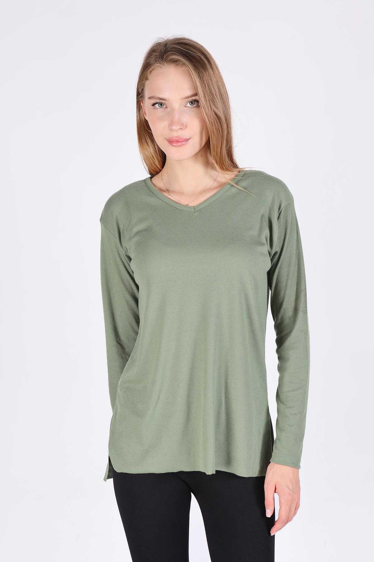 2325 V Yaka Uzun Kol Kaşkorse Tunik Haki - 1