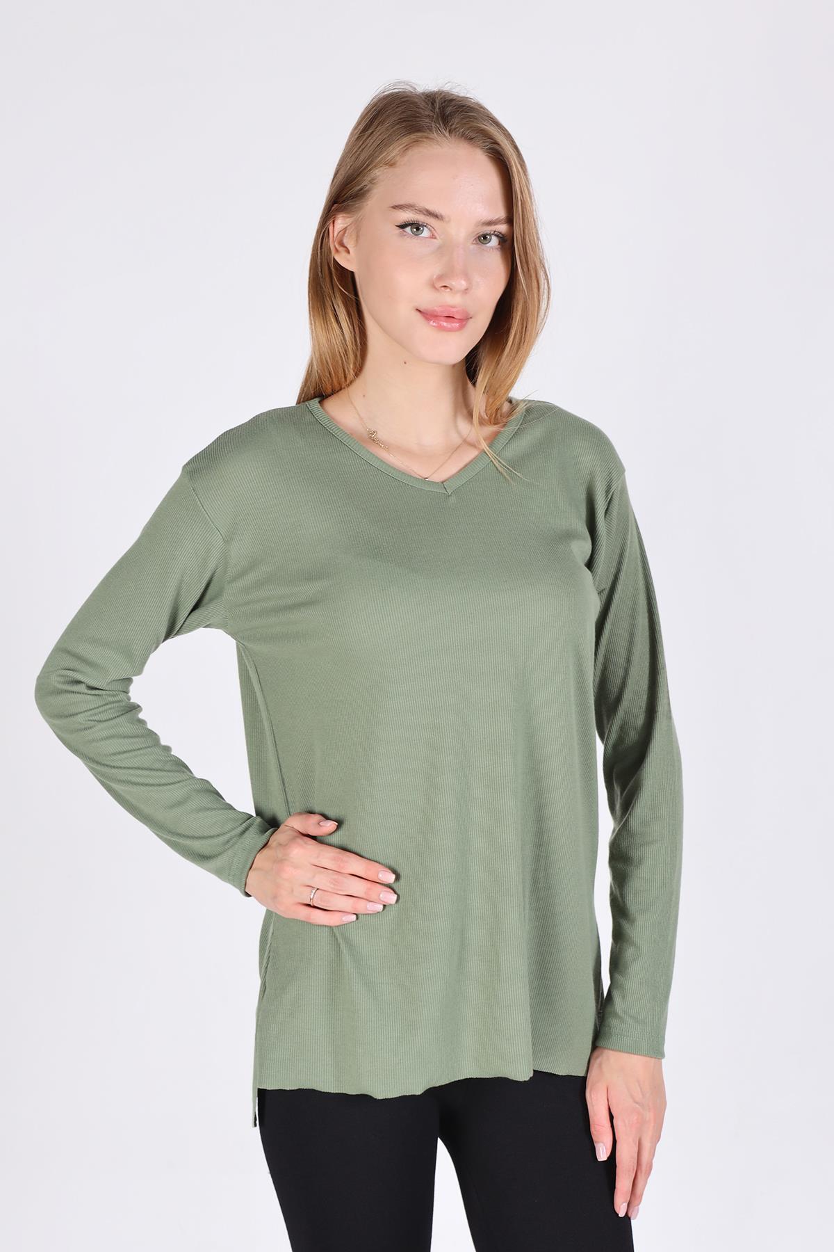 2325 V Yaka Uzun Kol Kaşkorse Tunik Haki - 3