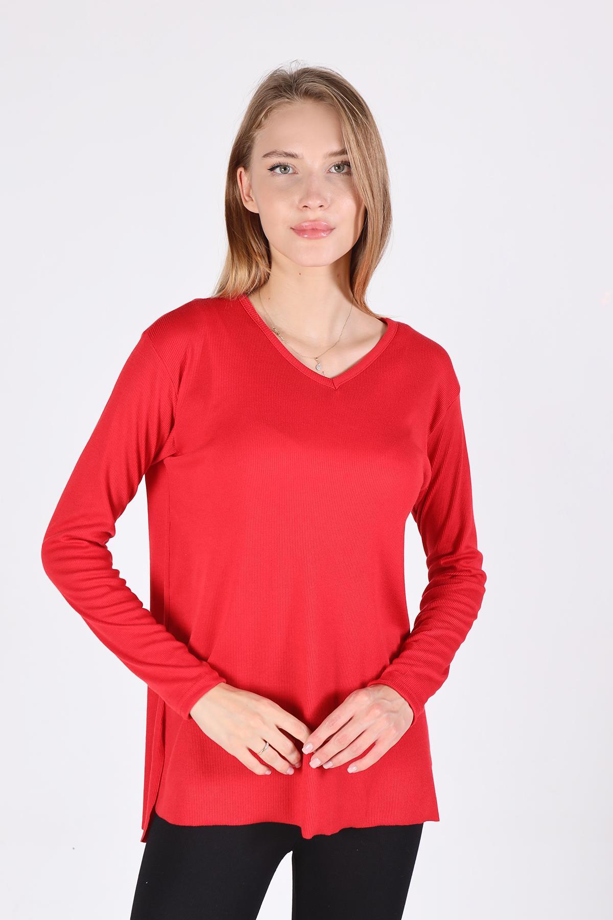 2325 V Yaka Uzun Kol Kaşkorse Tunik Kırmızı 