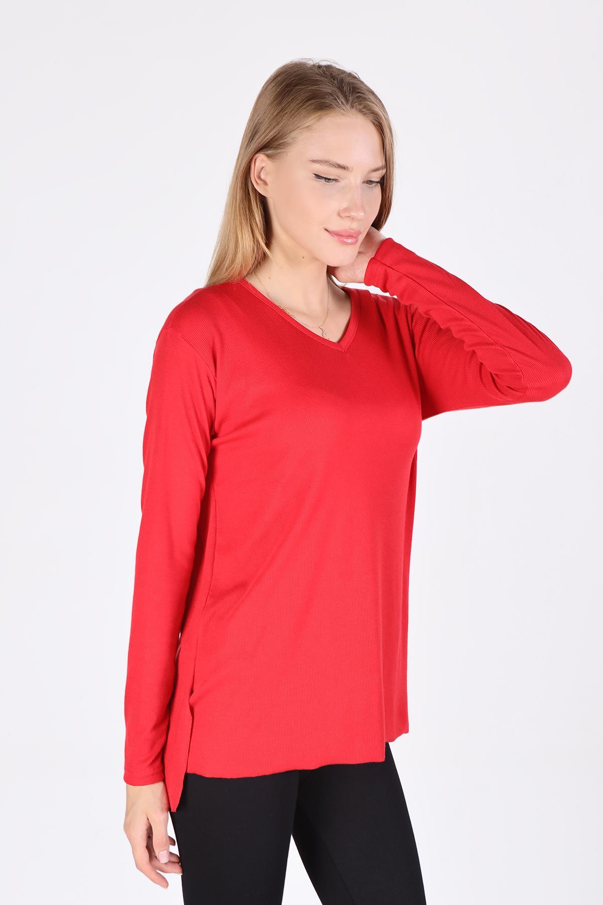2325 V Yaka Uzun Kol Kaşkorse Tunik Kırmızı - 3