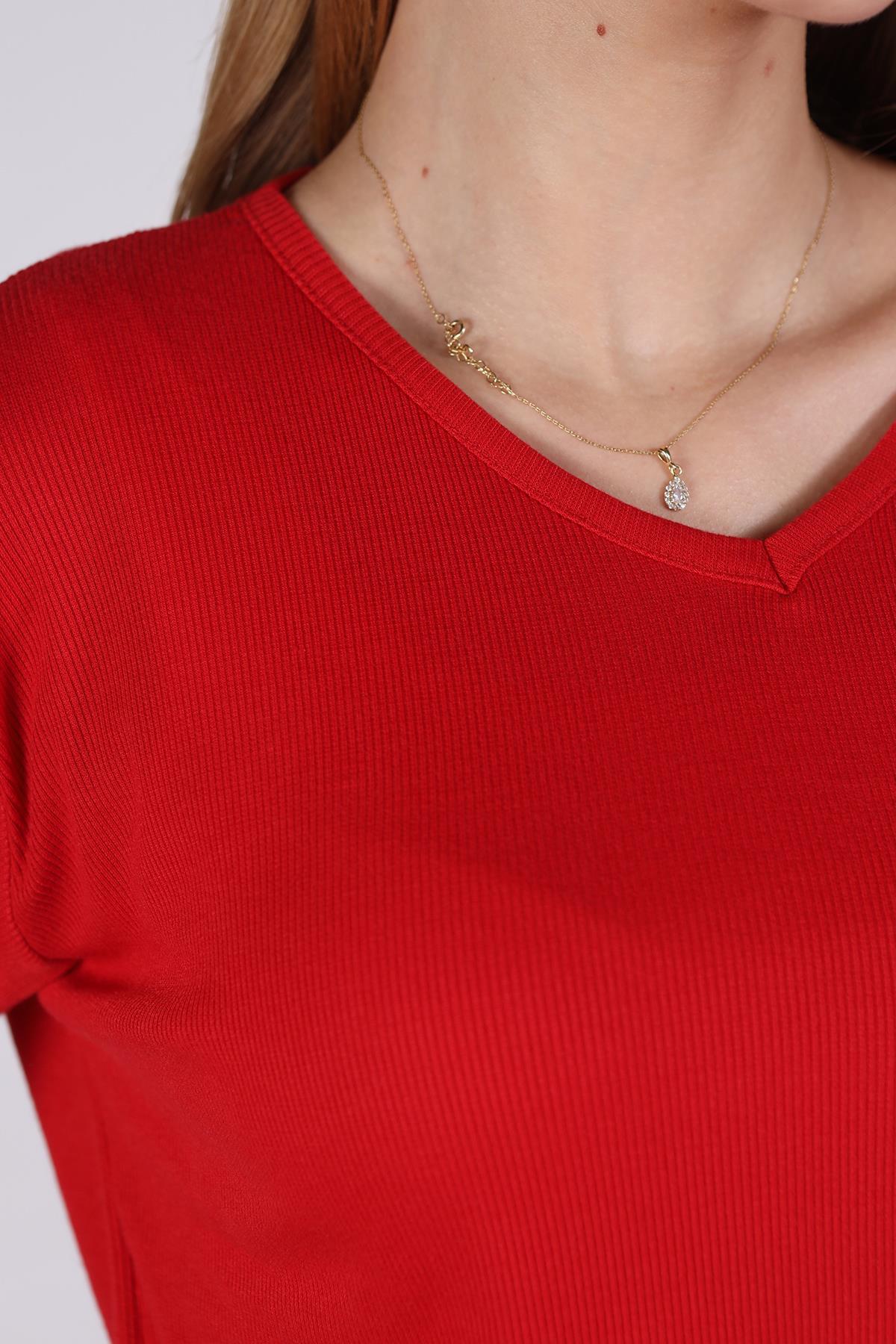 2325 V Yaka Uzun Kol Kaşkorse Tunik Kırmızı - 4