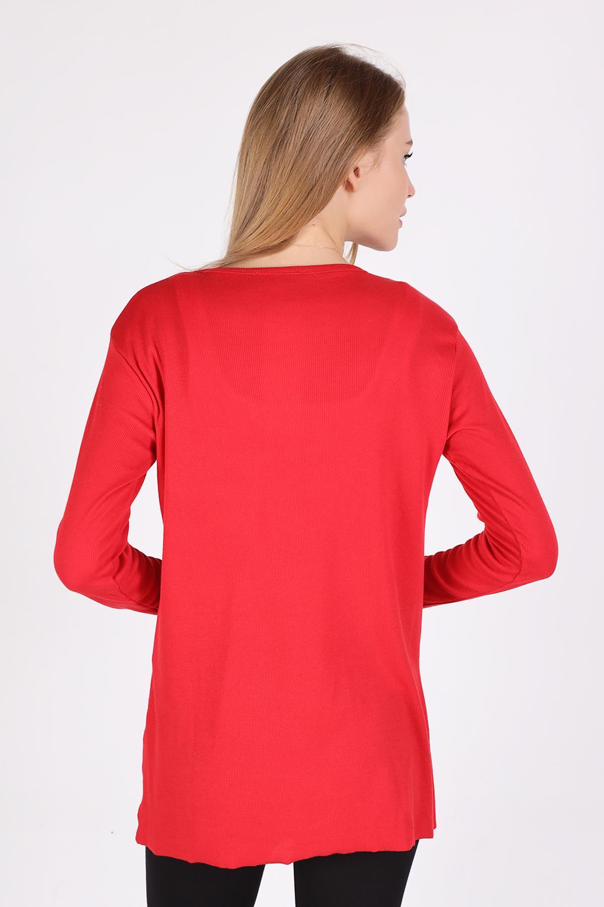 2325 V Yaka Uzun Kol Kaşkorse Tunik Kırmızı - 5