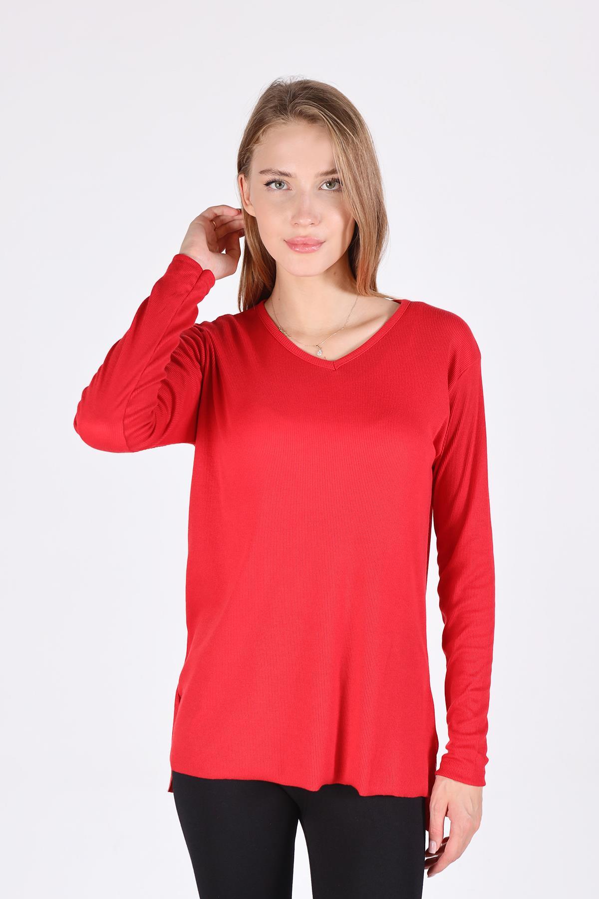 2325 V Yaka Uzun Kol Kaşkorse Tunik Kırmızı - 7