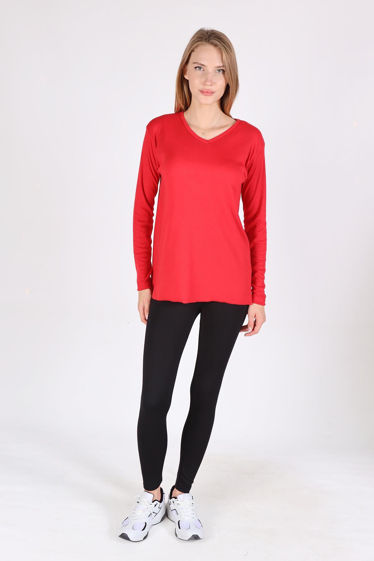 2325 V Yaka Uzun Kol Kaşkorse Tunik Kırmızı - 2