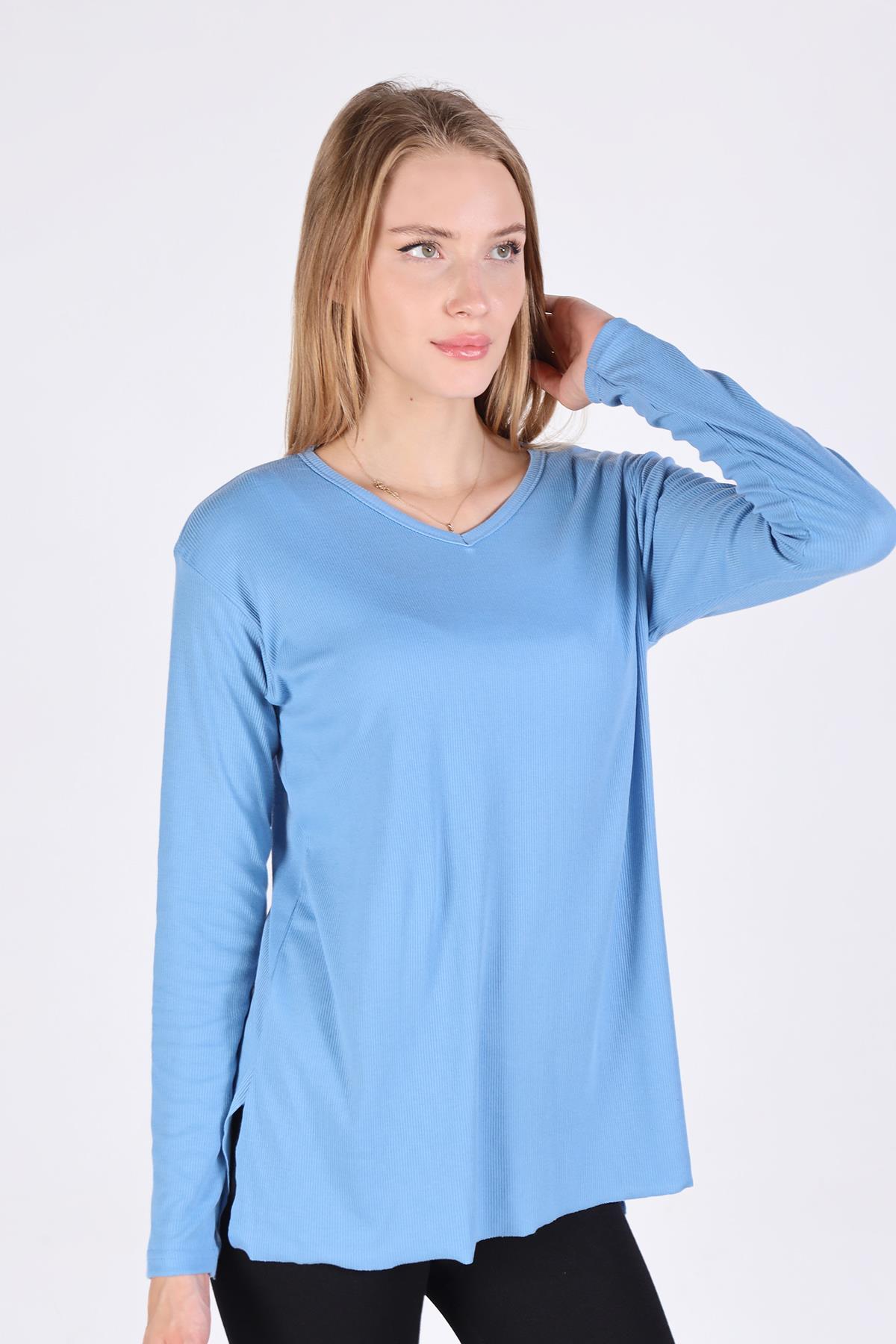 2325 V Yaka Uzun Kol Kaşkorse Tunik Mavi - 1