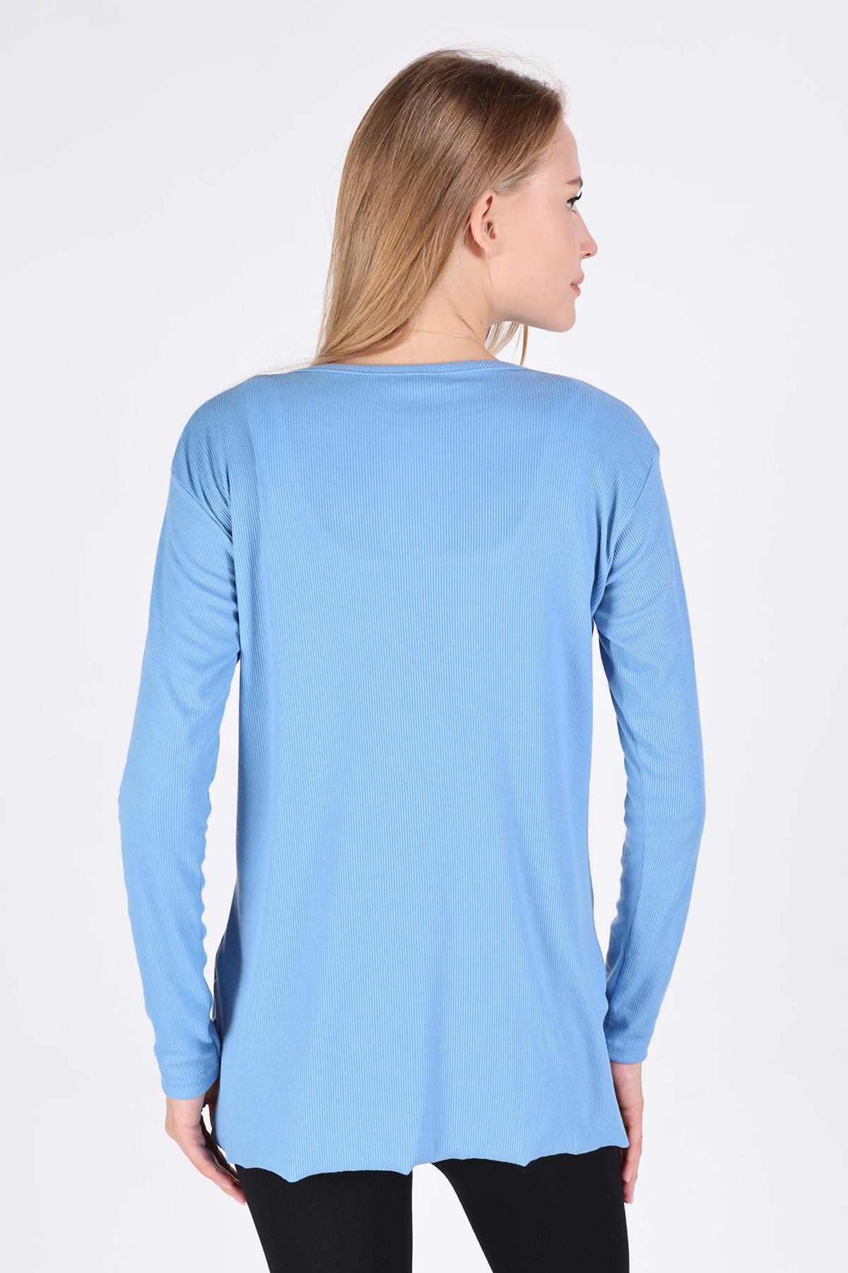 2325 V Yaka Uzun Kol Kaşkorse Tunik Mavi - 3