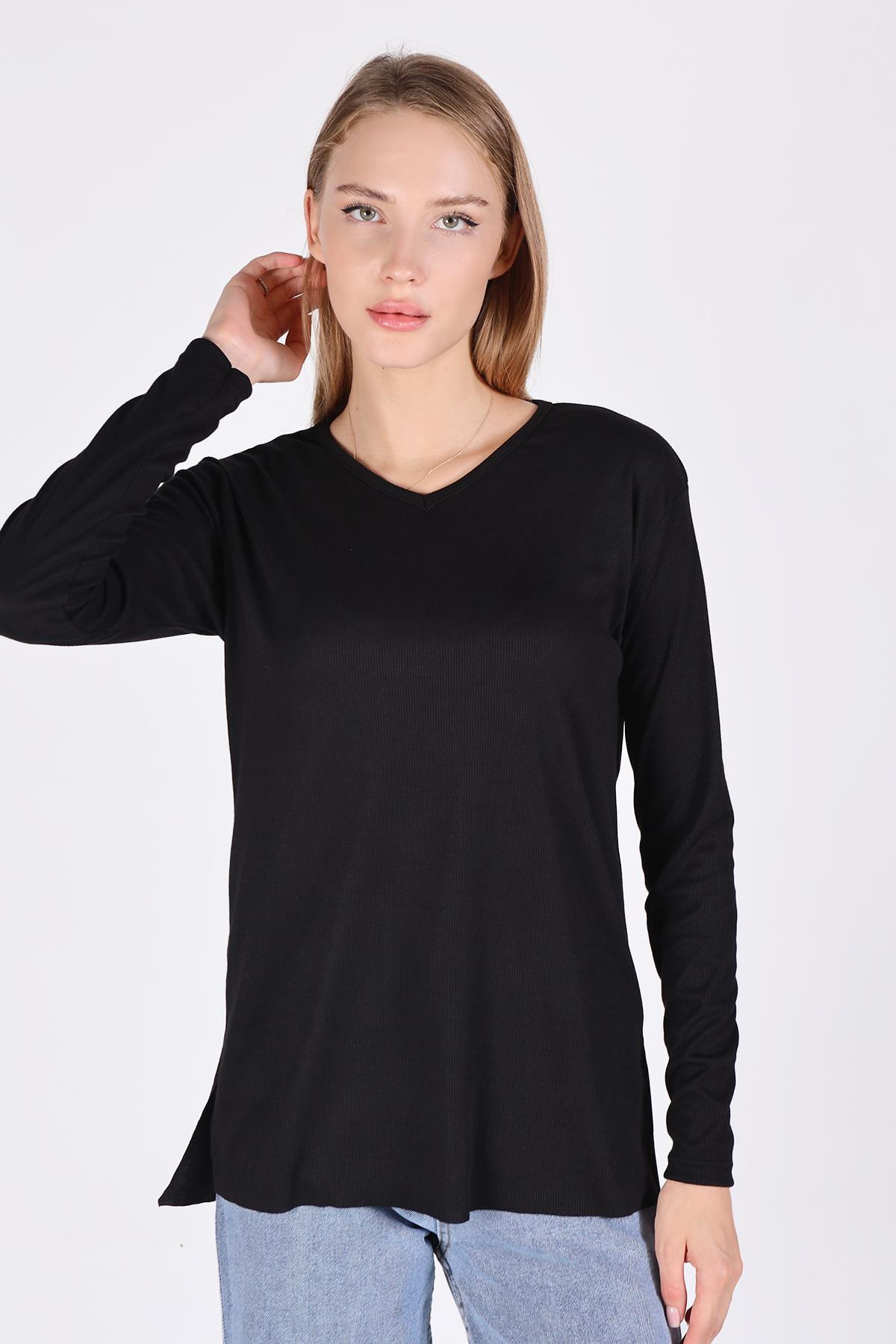 2325 V Yaka Uzun Kol Kaşkorse Tunik Siyah 