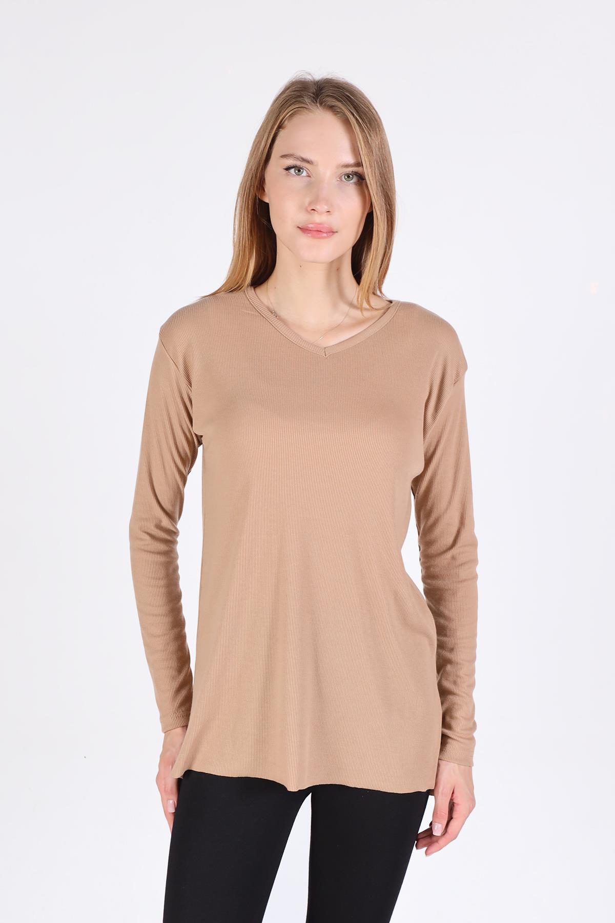 2325 V Yaka Uzun Kol Kaşkorse Tunik Vizon 