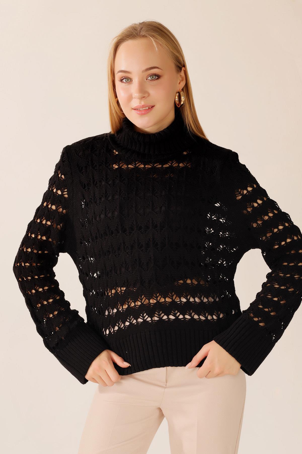 2326 Boğazlı Delikli Kısa Kazak Siyah 