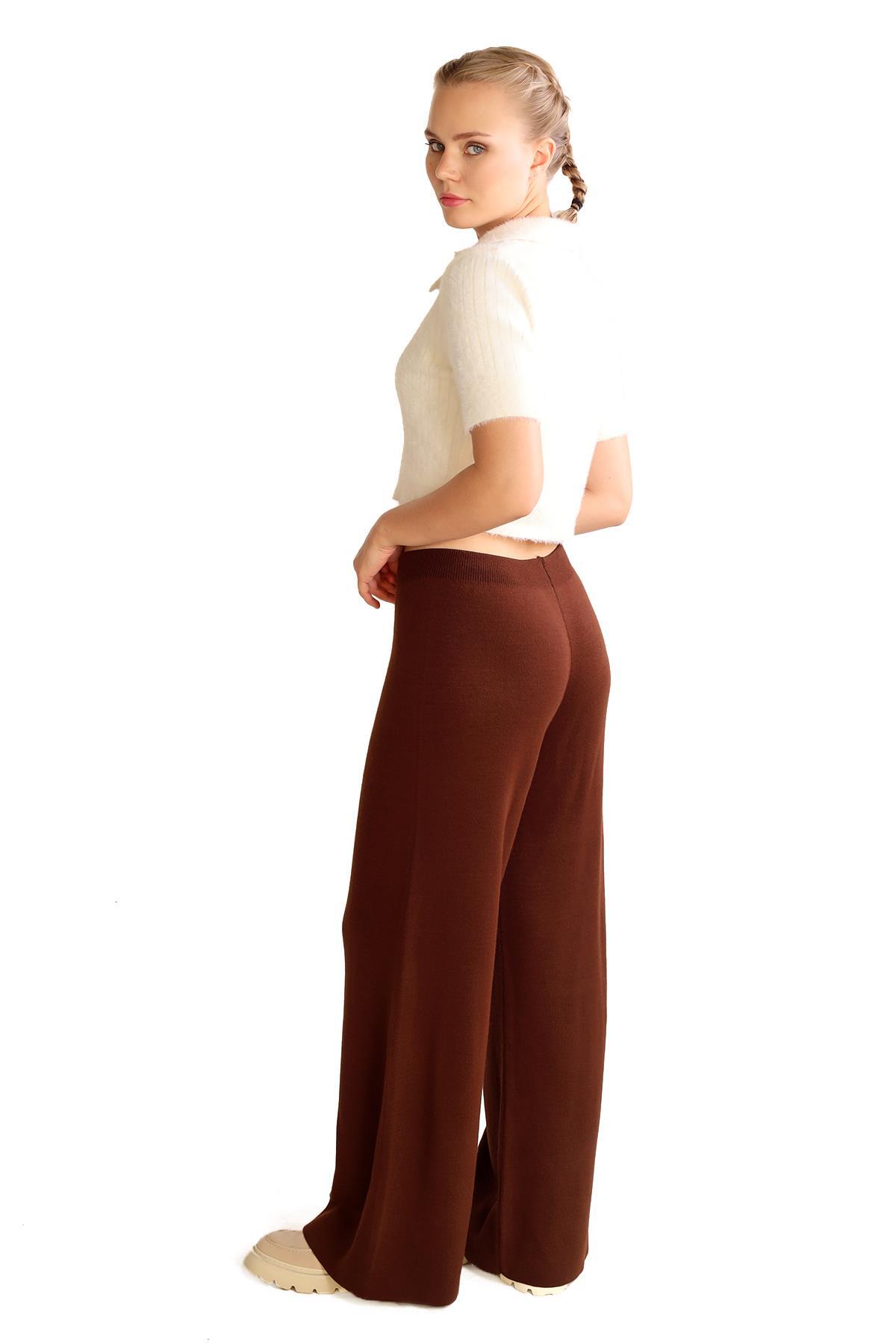 23274 Geniş Paça Triko Pantolon Acı Kahve - 6