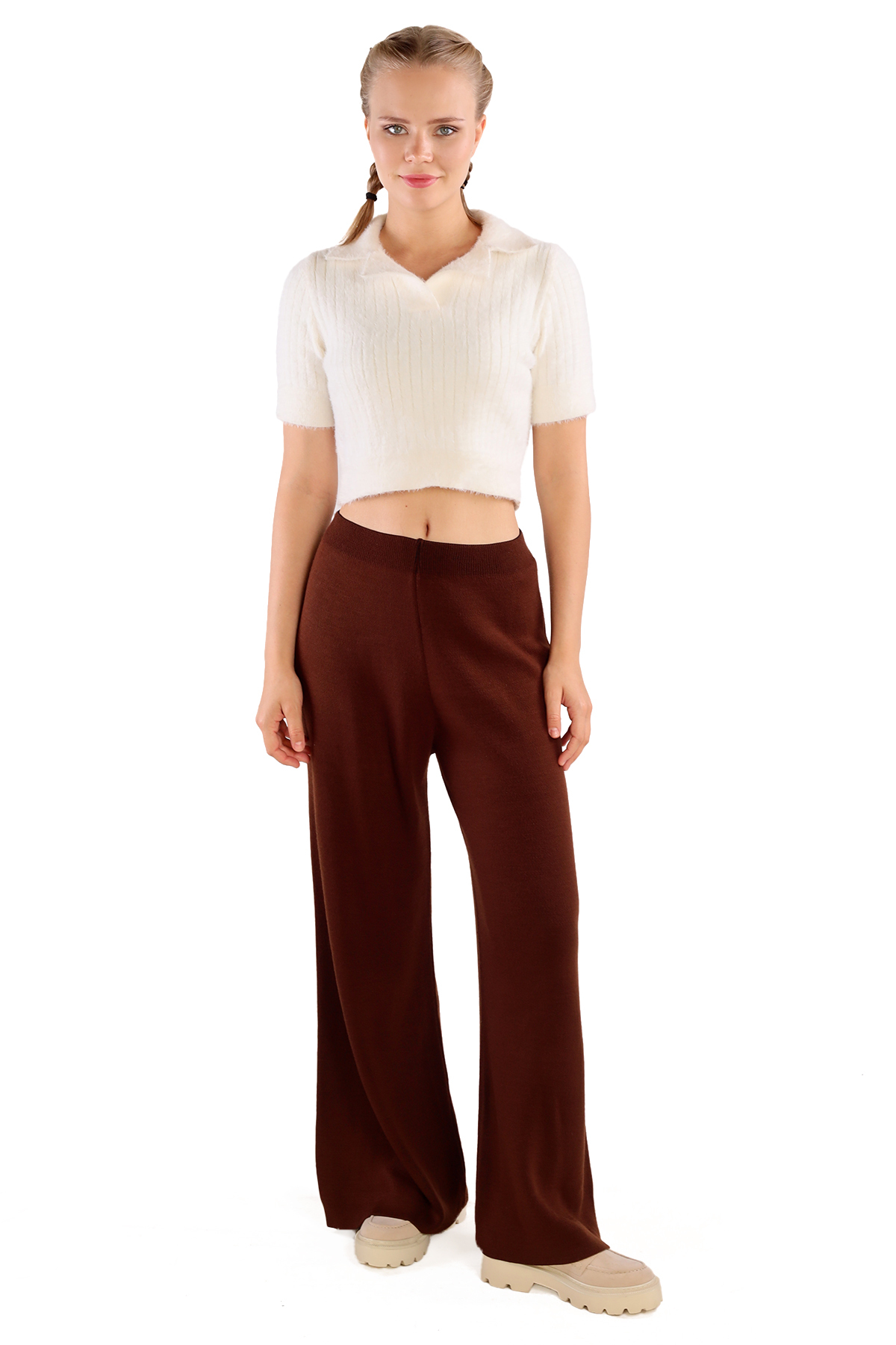 Acı Kahve Geniş Paça Triko Kadın Pantolon 23274 - RAYS