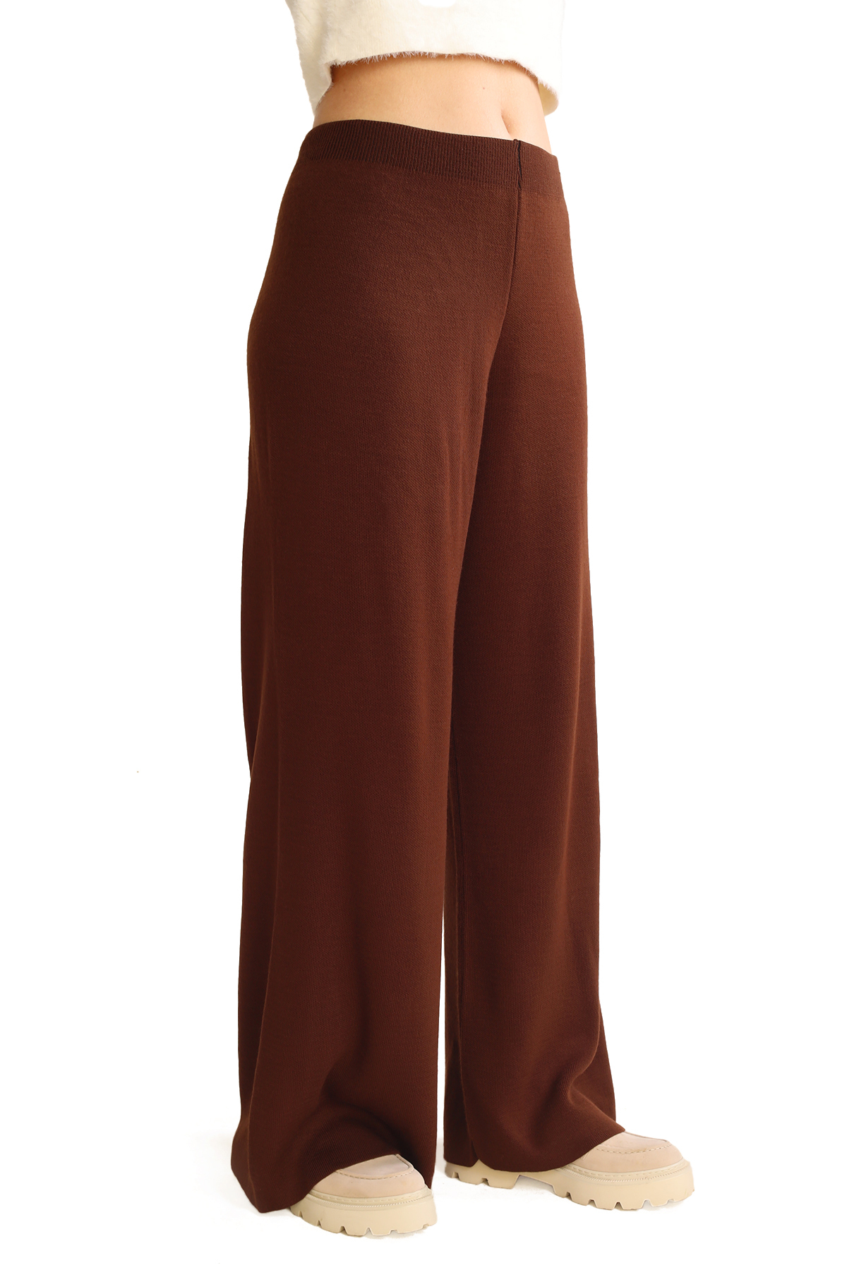 Acı Kahve Geniş Paça Triko Kadın Pantolon 23274 - RAYS