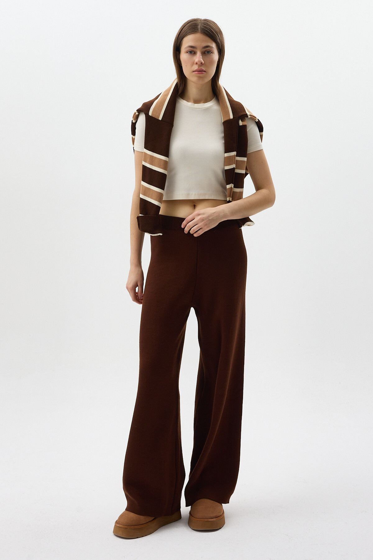 Acı Kahve Geniş Paça Triko Kadın Pantolon 23274 - 3