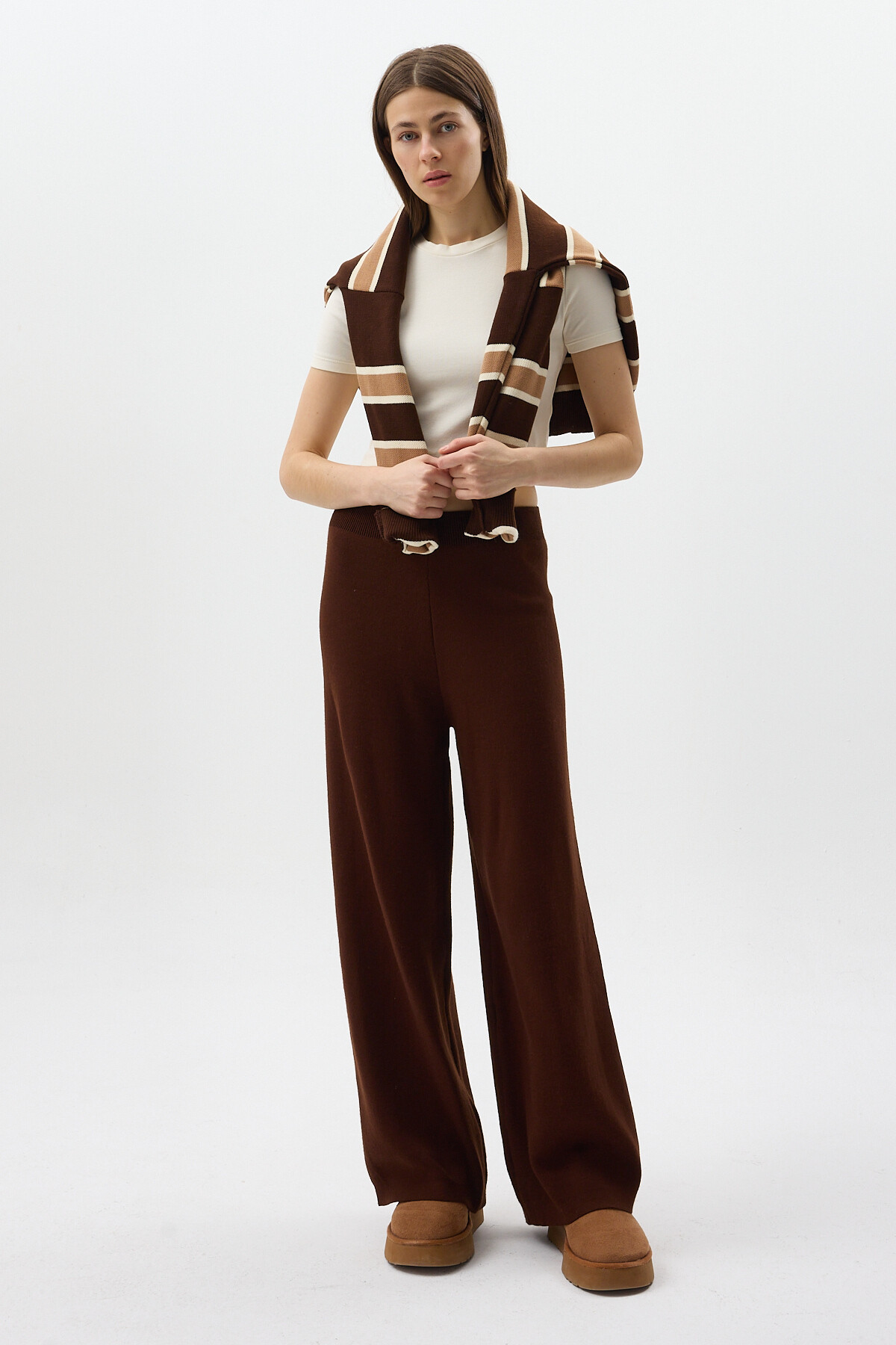 Acı Kahve Geniş Paça Triko Kadın Pantolon 23274 - 1