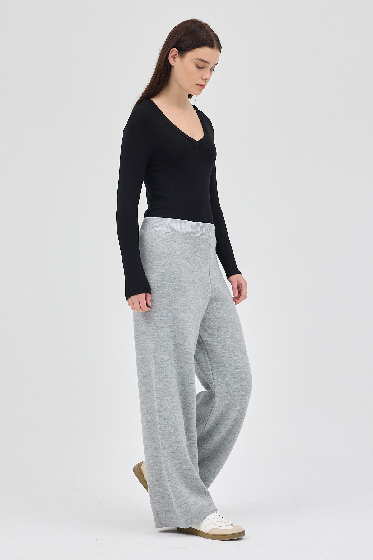 Gri Geniş Paça Triko Kadın Pantolon 23274 - 1