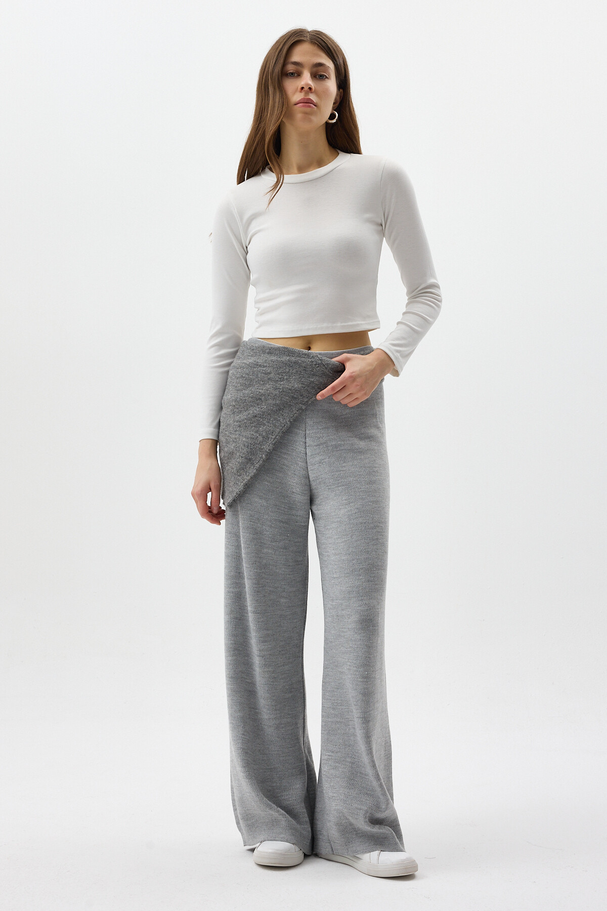 Gri Geniş Paça Triko Kadın Pantolon 23274 - 3