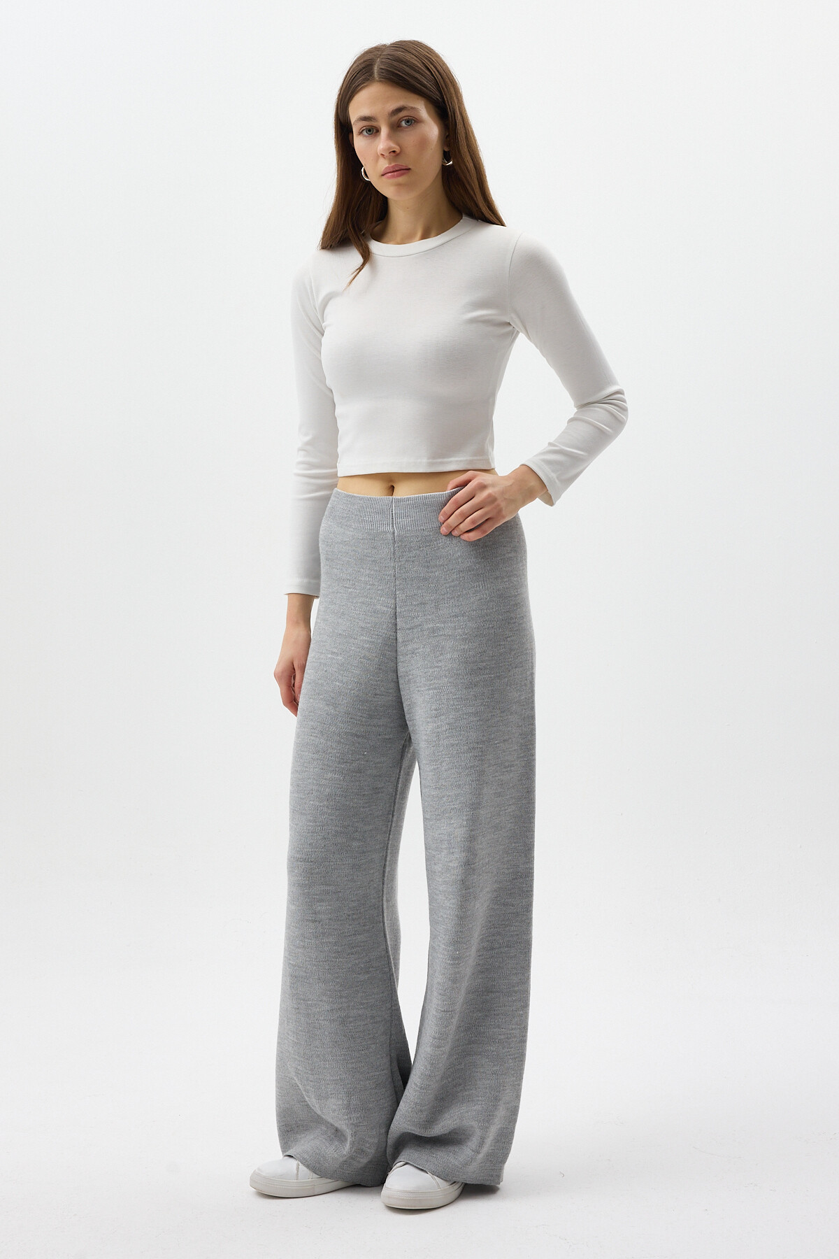 Gri Geniş Paça Triko Kadın Pantolon 23274 