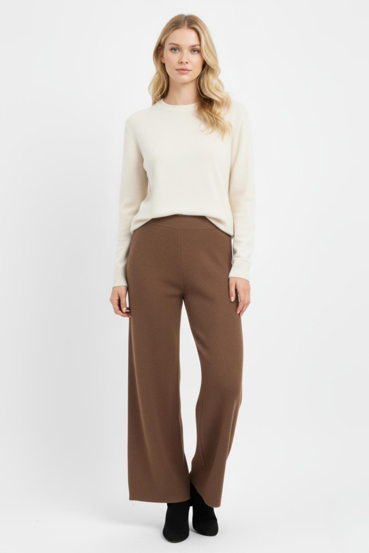 23274 Geniş Paça Triko Pantolon Koyu Bej - 1