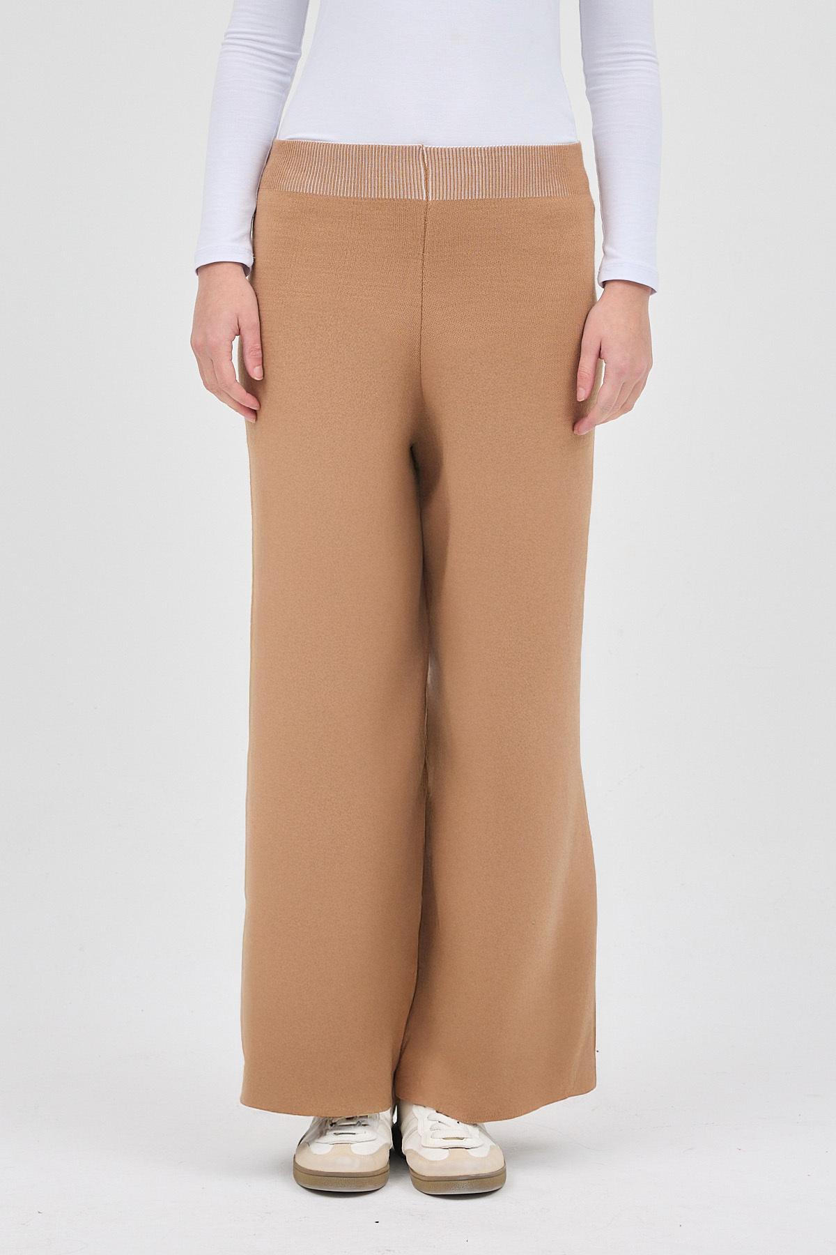 Koyu Bej Geniş Paça Triko Kadın Pantolon 23274 - 2